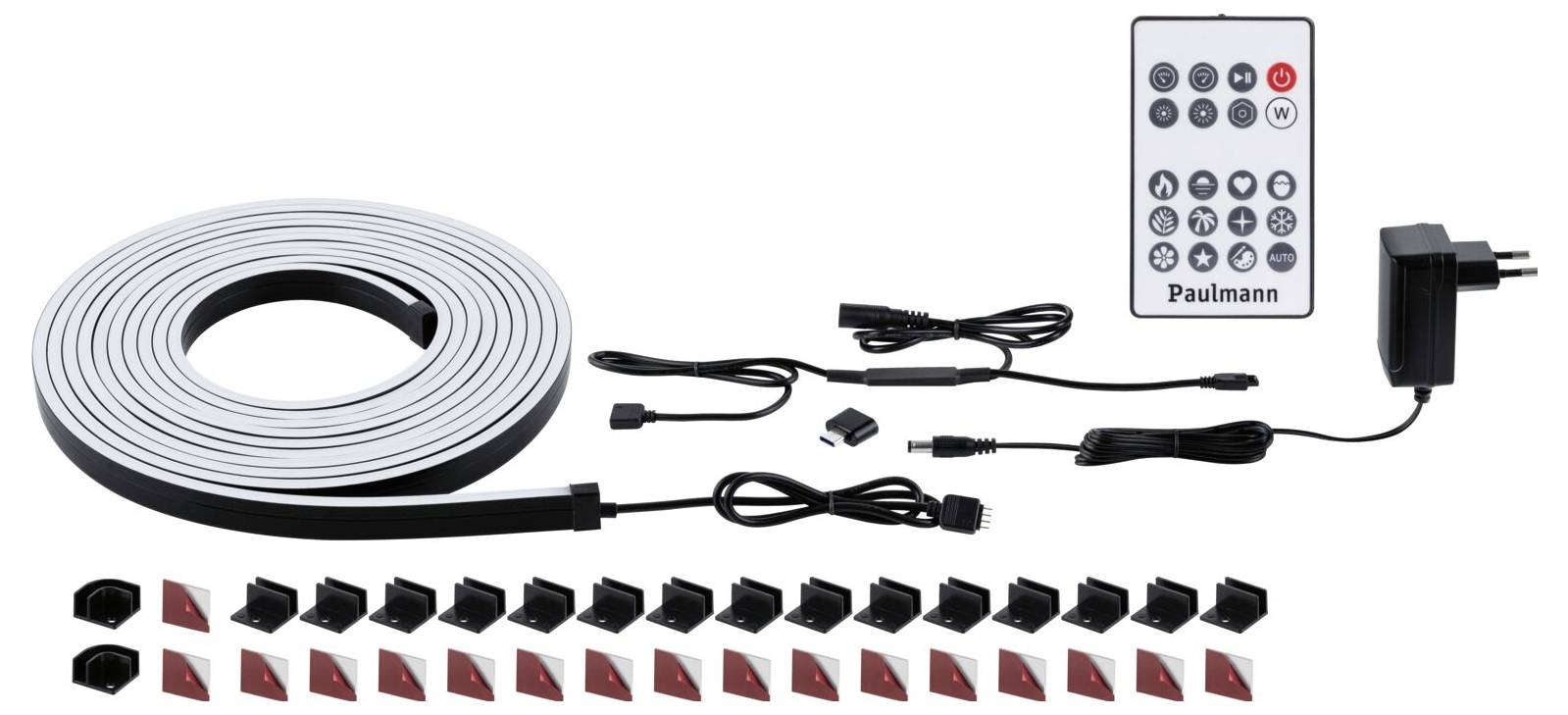 Kit de bande lumineuse LED avec télécommande, adaptateur secteur et accessoires de montage. Idéal pour des applications d'éclairage flexibles.
