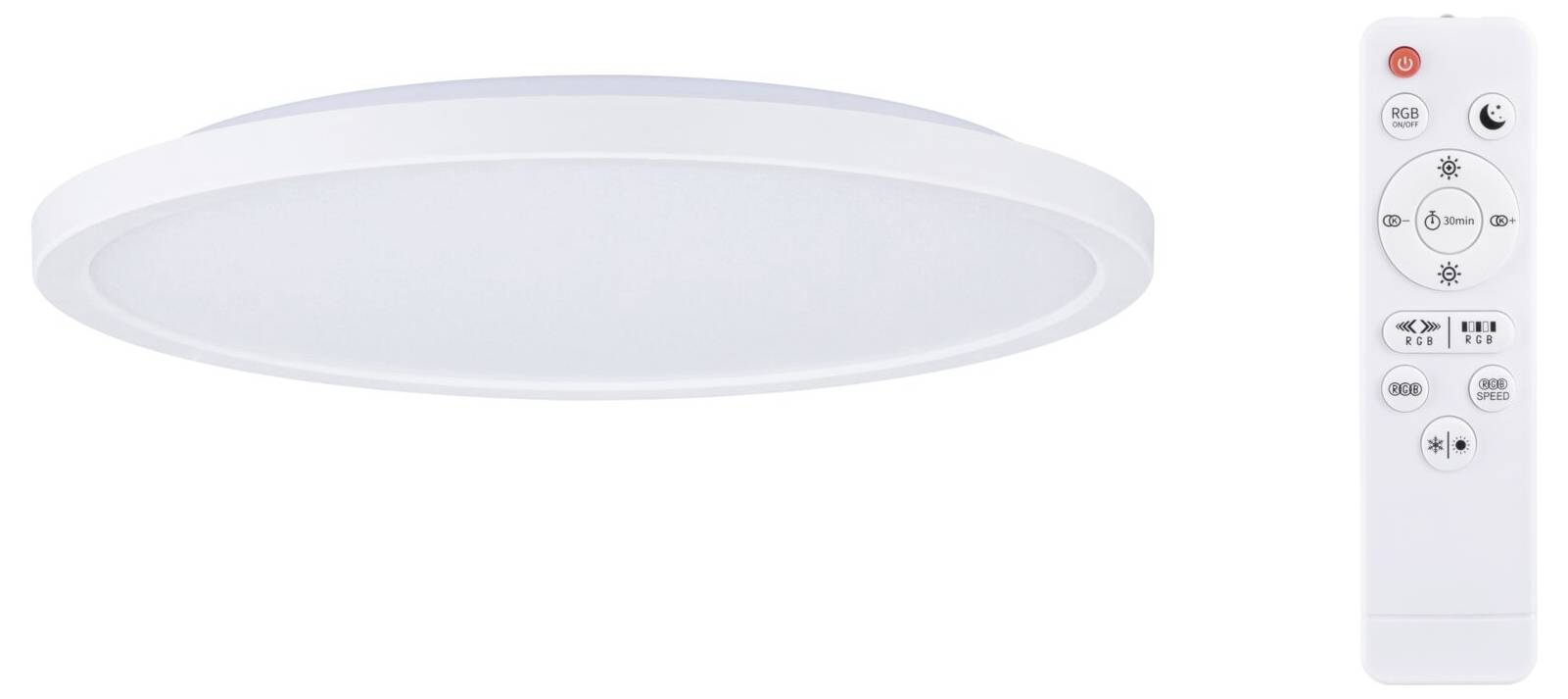 Plafonnier LED rond télécommandé, permettant de régler différents niveaux de luminosité et de couleurs.