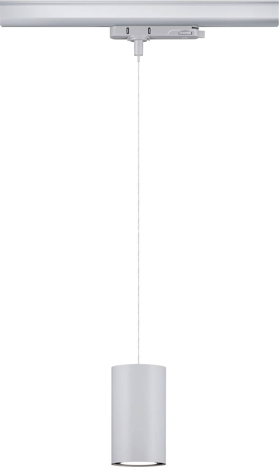 Une lampe suspendue moderne, cylindrique, en métal, suspendue à un câble fin depuis un support de plafond.