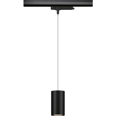 Une suspension cylindrique noire est suspendue à une rail au plafond. Elle diffuse sa lumière vers le bas.