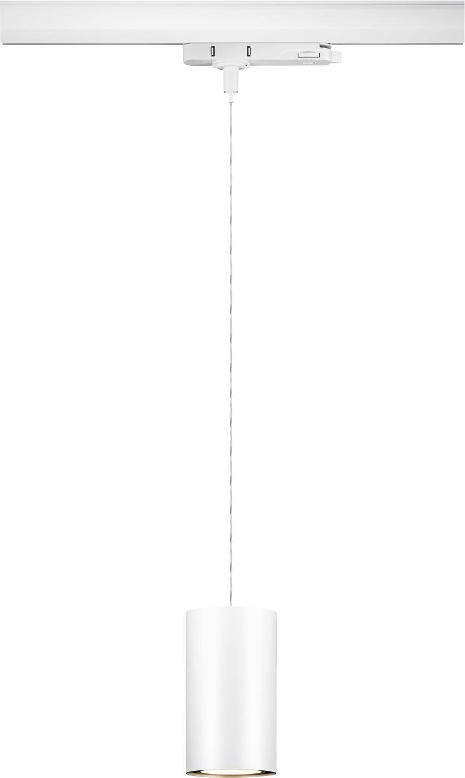 Lampe suspendue cylindrique blanche au plafond, design simple et moderne.