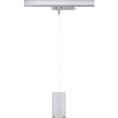 Une lampe suspendue cylindrique au design élancé et moderne descend d'un support de plafond.