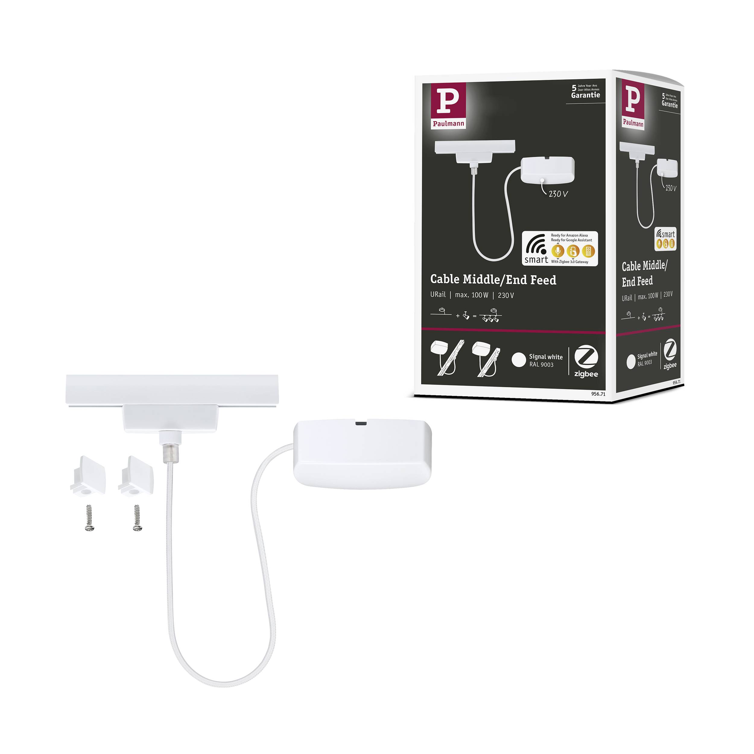 Un ensemble d'alimentation intermédiaire/finale de câble de 'Paulmann'. Comprend des éléments de connexion pour système de rails, 250 V, 50 Hz, avec vis.