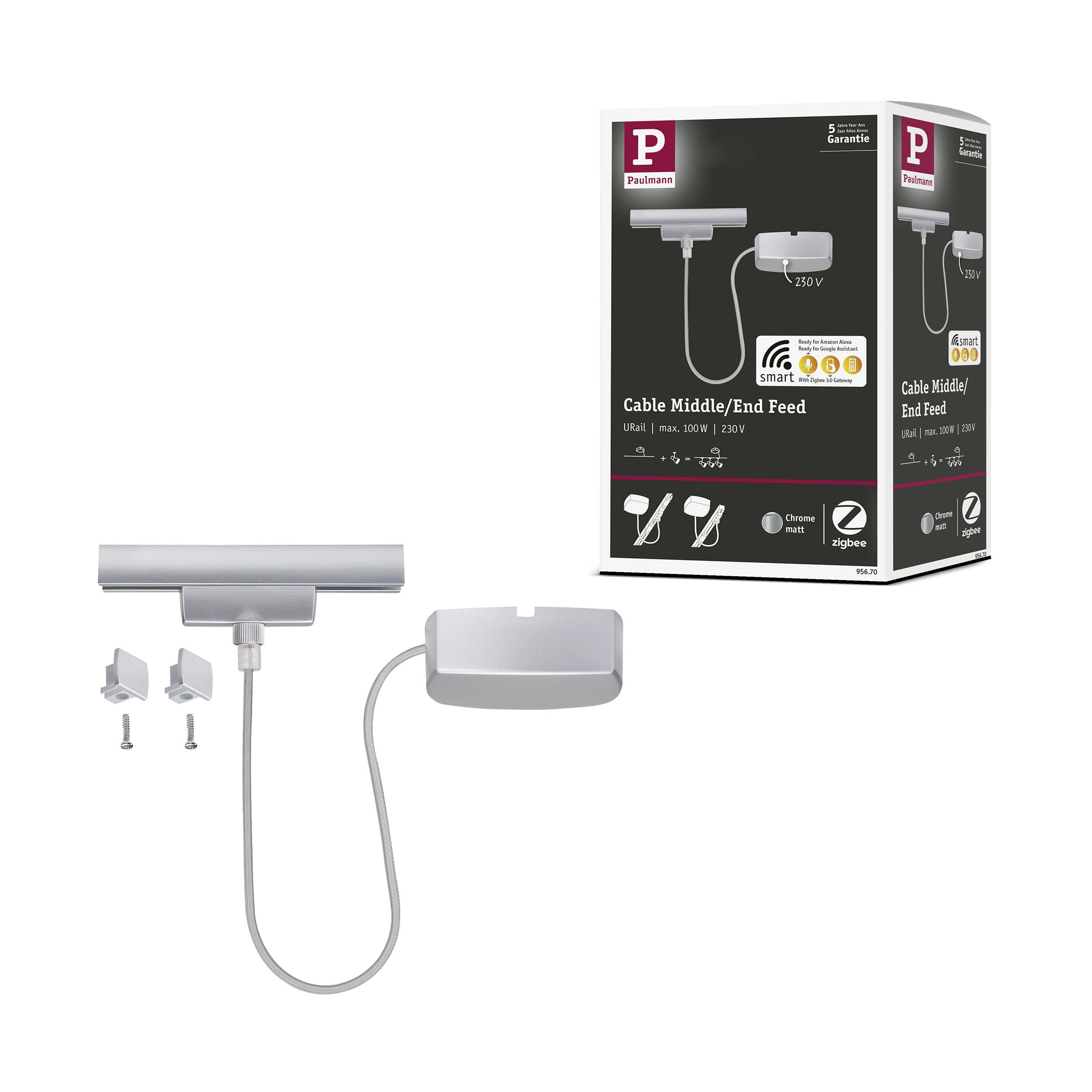 Emballage et composants d'un raccordement central de câble illustrés. Contient un câble avec fiche et accessoires, adapté pour 250 V.