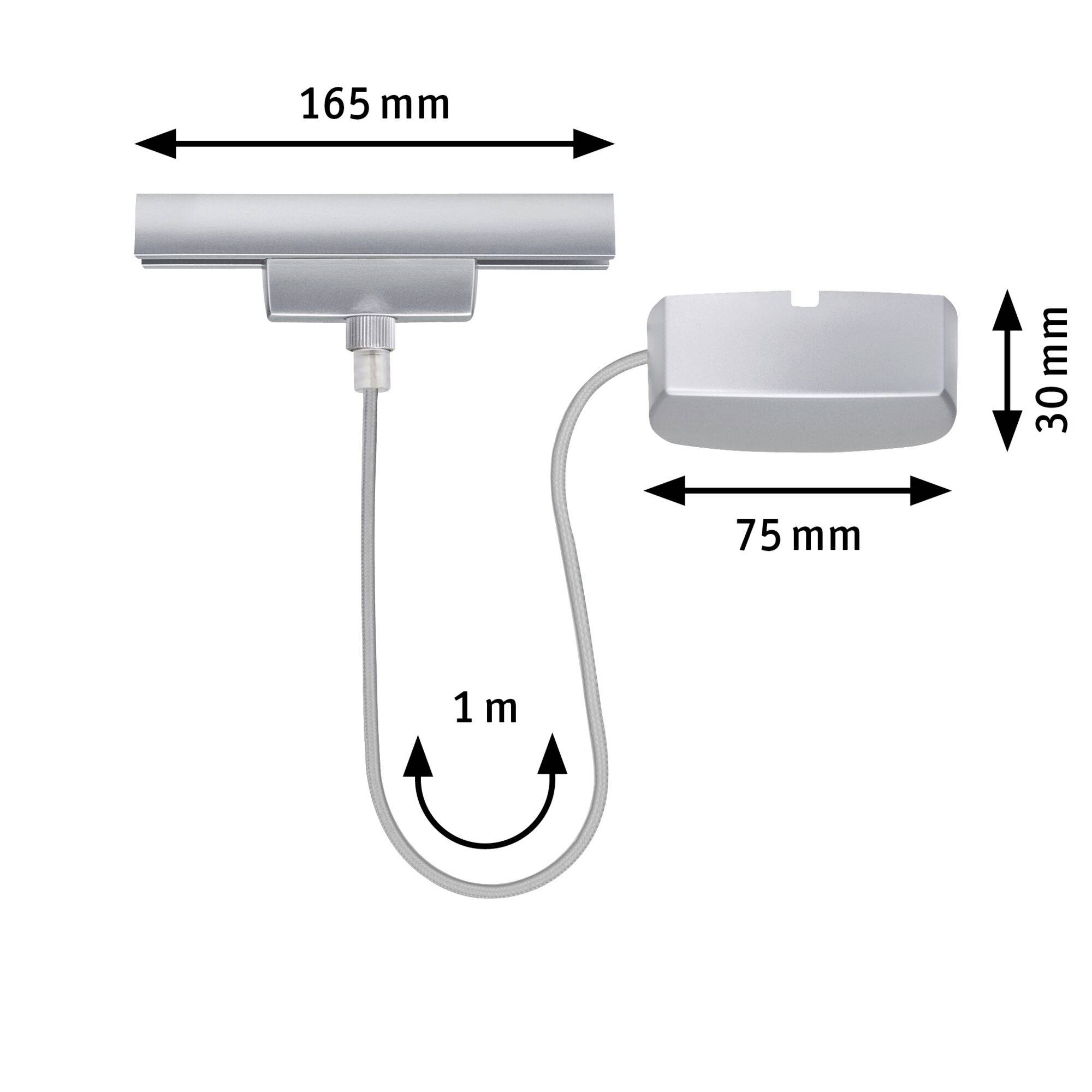 Représentation d'un élément de prise électrique avec dimensions : largeur 165 mm, hauteur 30 mm, longueur du bras pivotant 1 m, entretoise 75 mm.