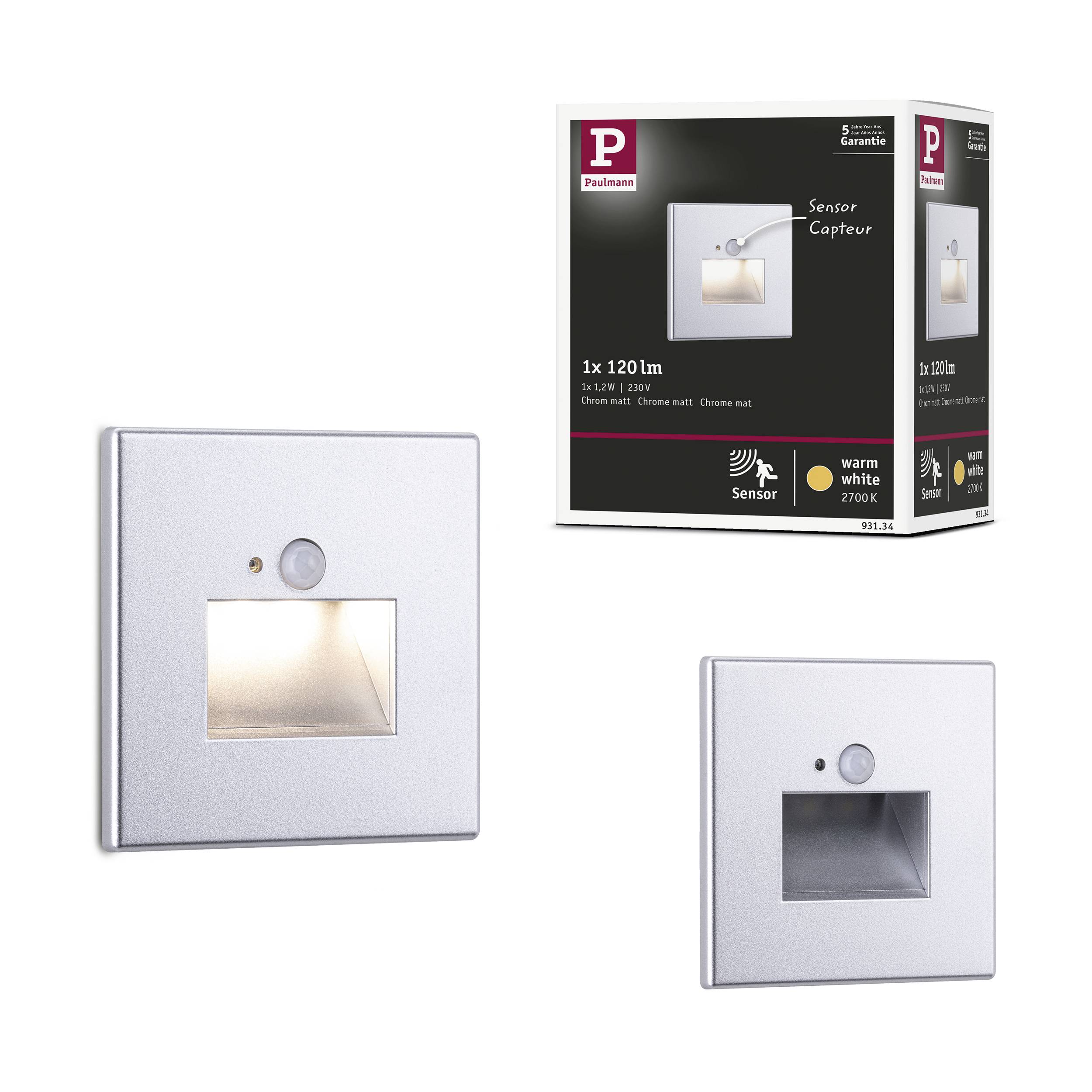 Applique murale avec capteur intégré, couleur argent. L'emballage présente les détails du produit : 120 lm, 2,3 W, lumière blanc chaud à 2700 K. Convient pour les espaces intérieurs.