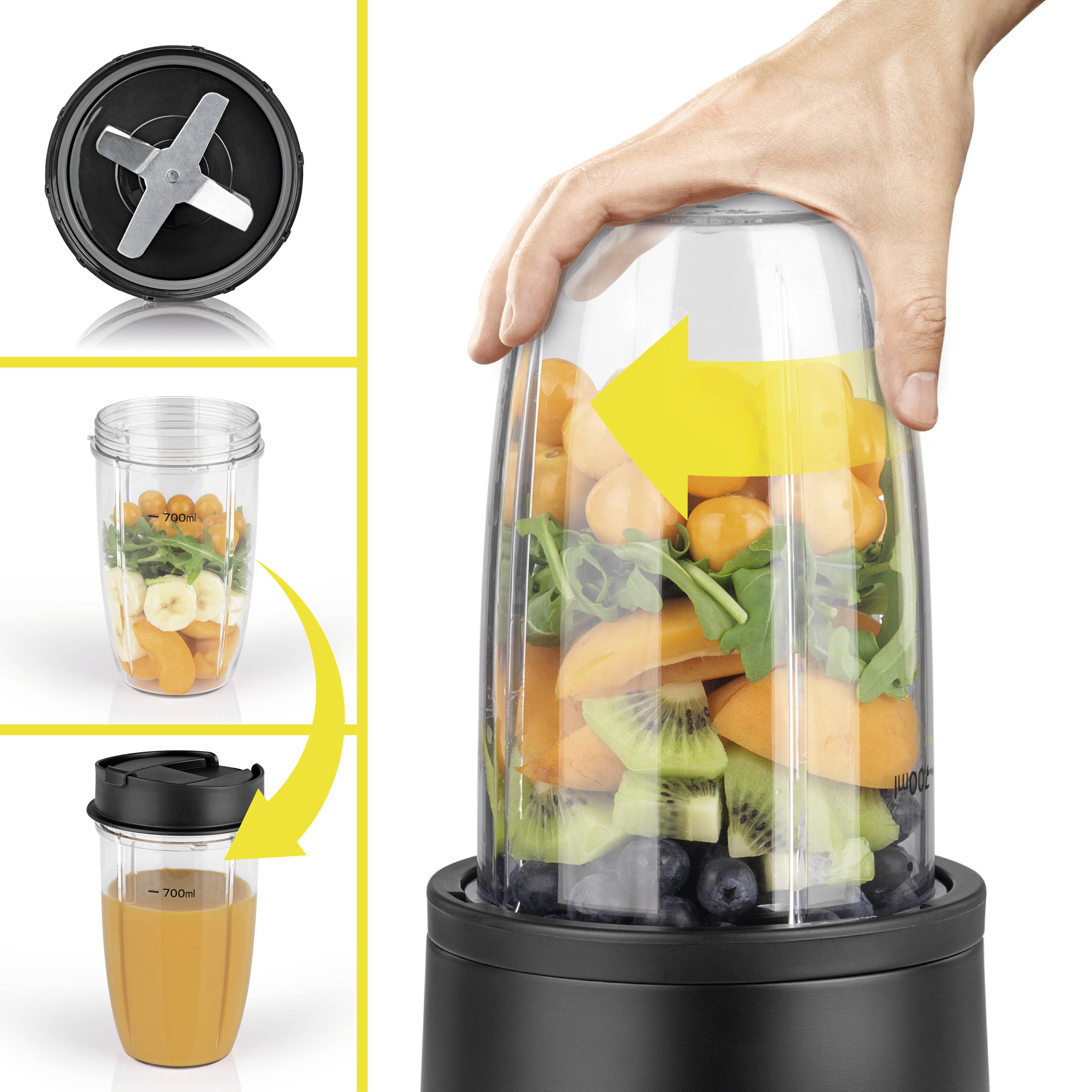 Une main actionne un mixeur ; des fruits et légumes sont dans le gobelet, avec une image du mélange final en tant que jus, des flèches illustrant le processus.