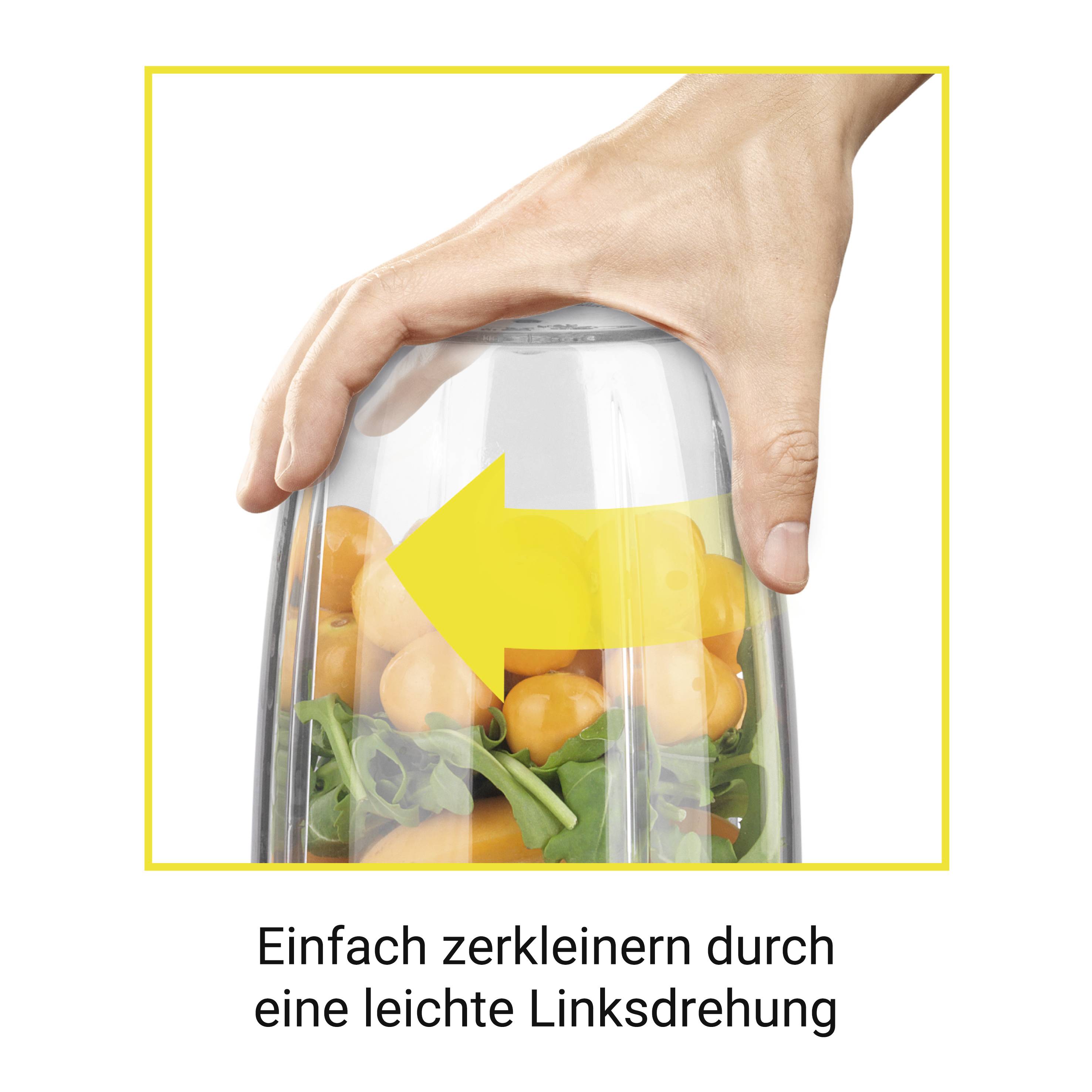 Une main fait tourner un mixeur avec des légumes vers la gauche. En dessous, il est écrit : « Simplicité du hachage par une légère rotation vers la gauche ».