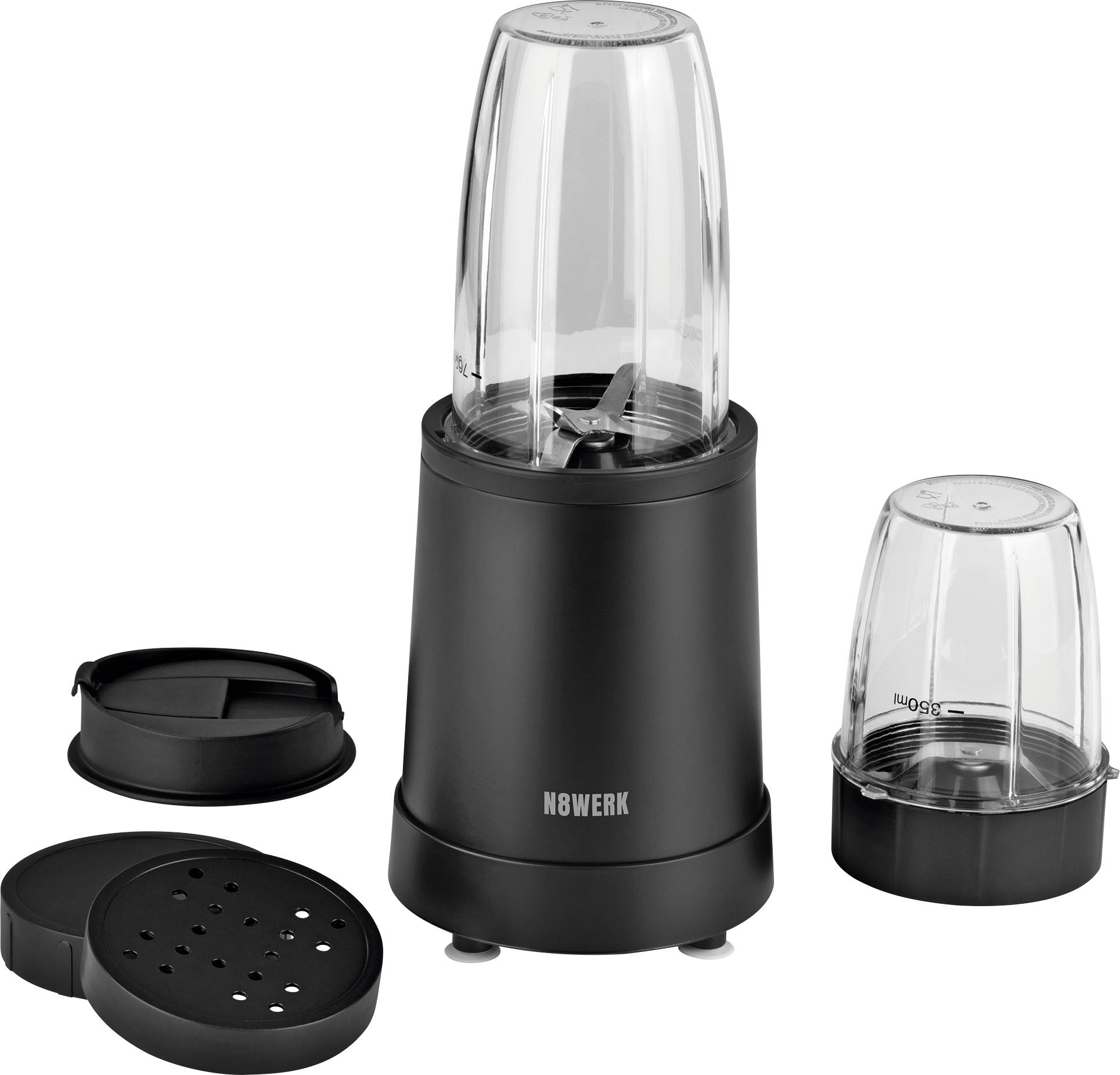 Mixeur noir avec deux gobelets transparents et deux couvercles noirs, dont un perforé. Adapté pour les smoothies et les milkshakes.