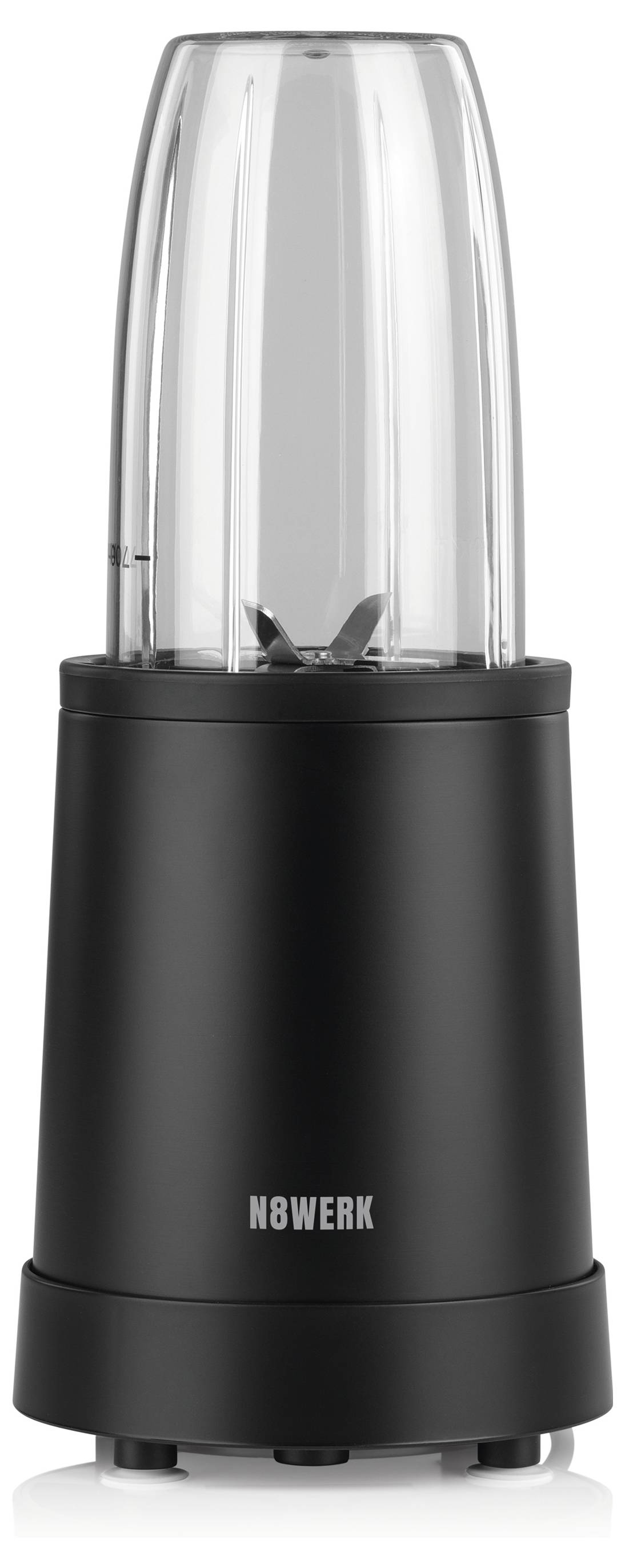 Mixeur noir avec couvercle transparent, adapté pour hacher et mélanger des ingrédients.