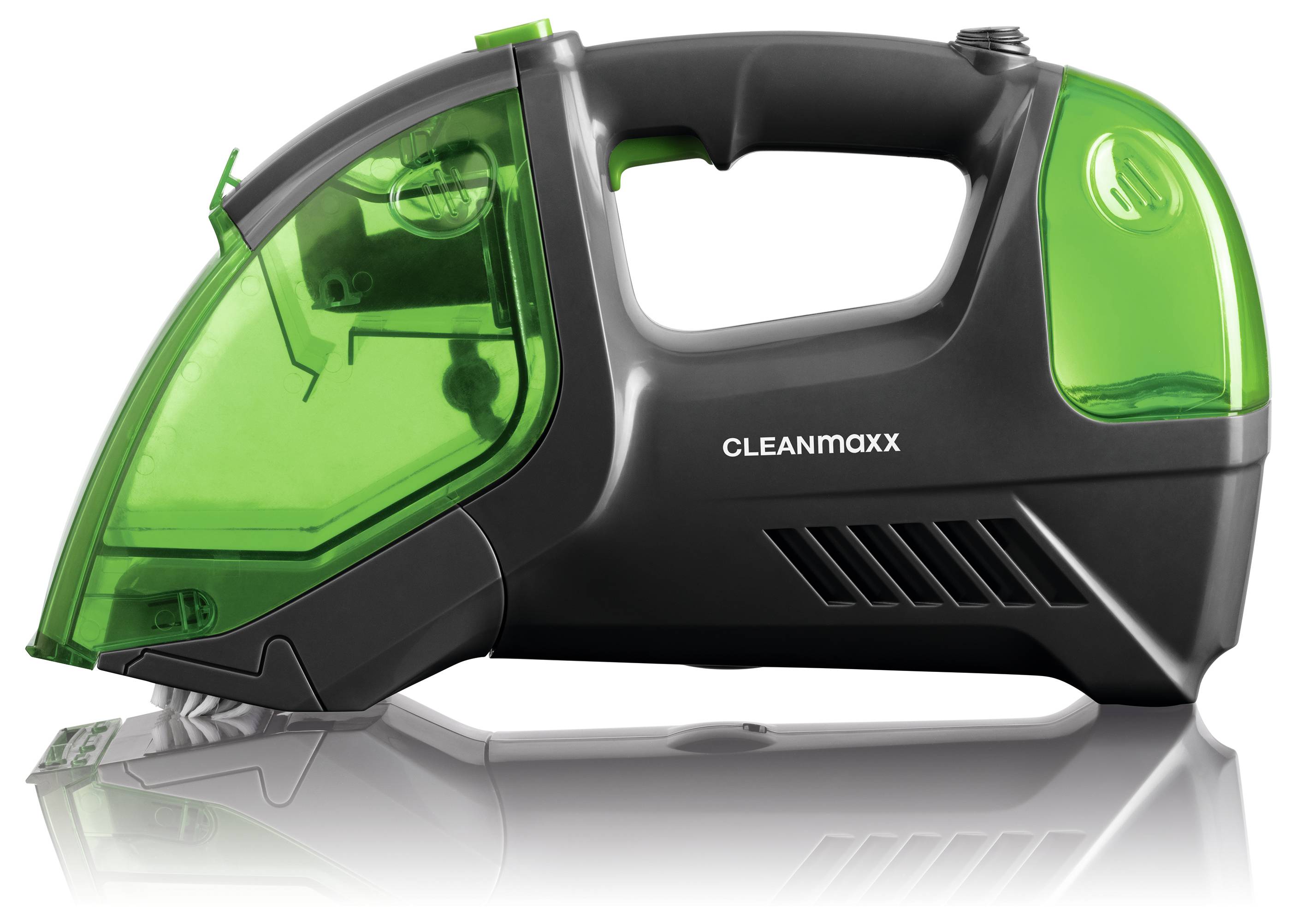 Un aspirateur à main portable et sans fil de la marque CLEANmaxx, avec un boîtier vert et noir, adapté aux petites tâches de nettoyage.