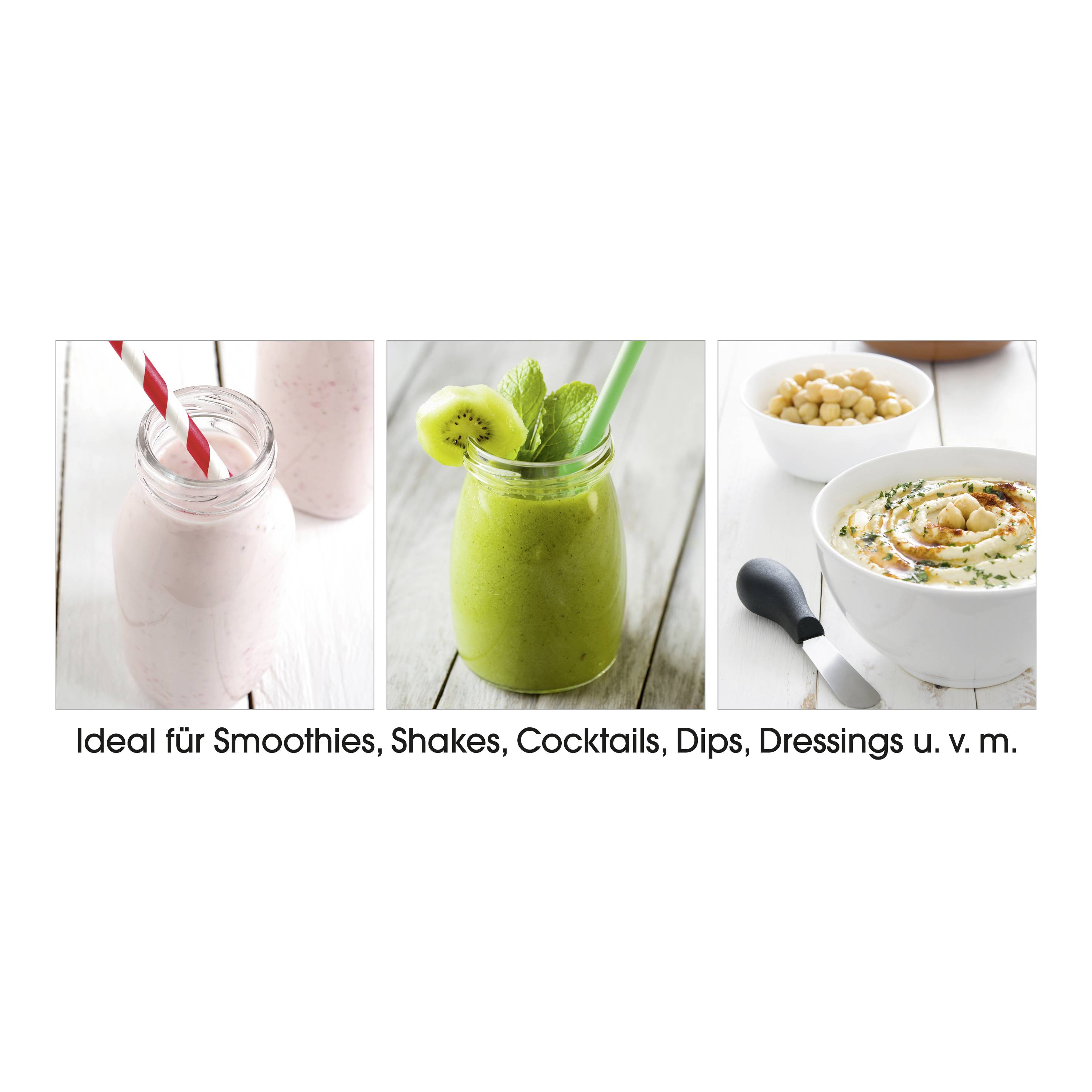Trois verres contenant un smoothie rose, un shake à la kiwi vert et un dip au houmous. Texte en dessous : 'Idéal pour smoothies, shakes, cocktails, dips, vinaigrettes et bien plus encore.'