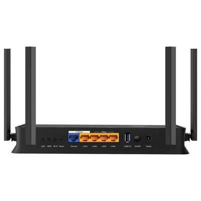 Arrière d'un routeur Wi-Fi noir avec quatre ports LAN, une connexion Internet, un port USB et plusieurs voyants lumineux.