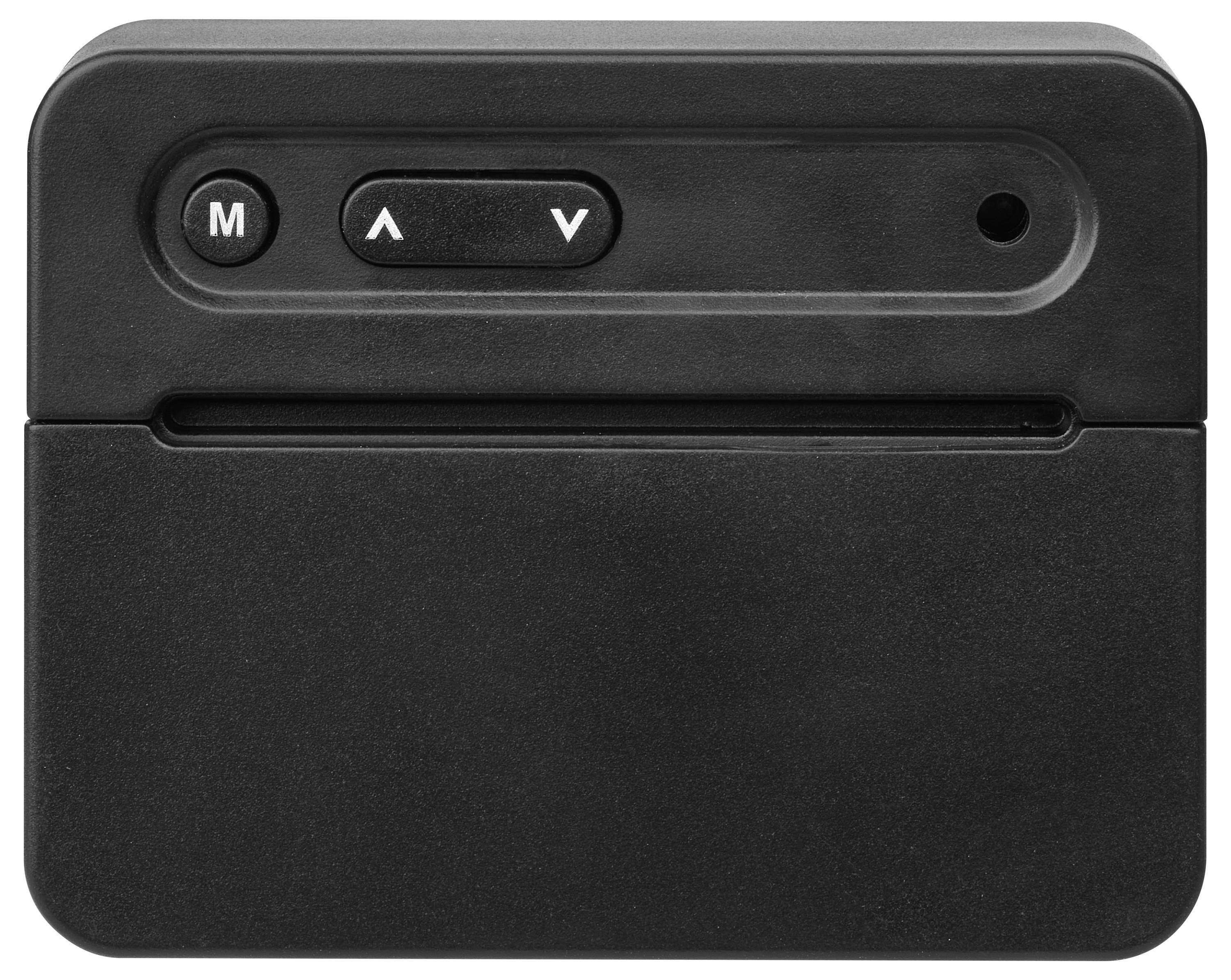 Un appareil noir rectangulaire avec deux boutons, étiquetés 'M', une flèche vers le haut et une flèche vers le bas.