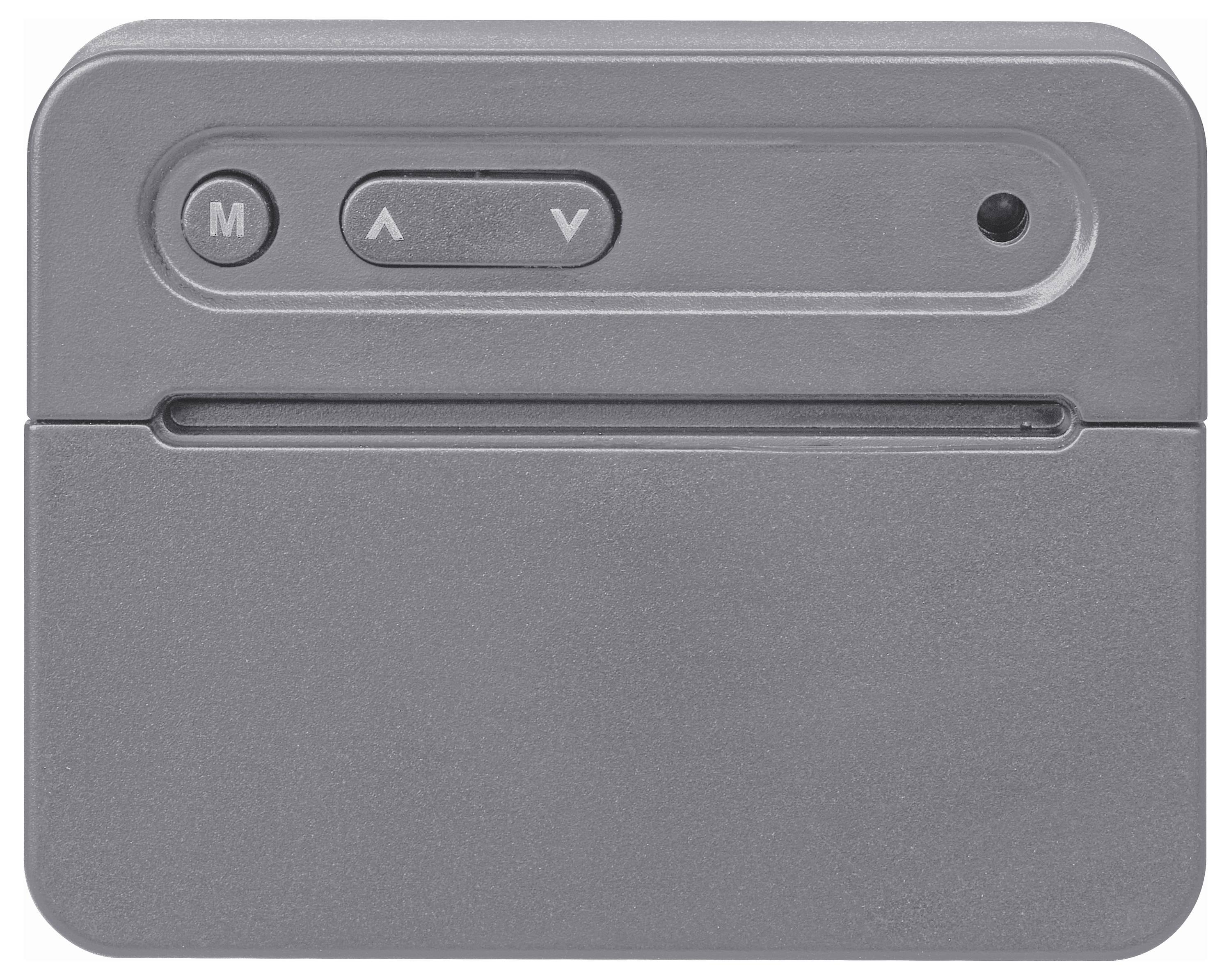 Un appareil gris avec une barre supérieure contenant des touches M et des touches fléchées. Il pourrait s'agir d'un dispositif de commande technique.