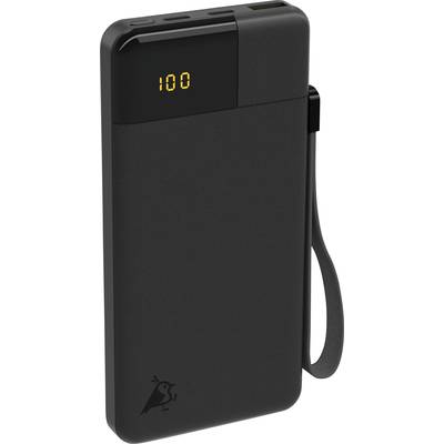 Une batterie externe noire avec un écran LED affichant '100', indiquant une charge complète. Un câble intégré est fixé sur le côté.