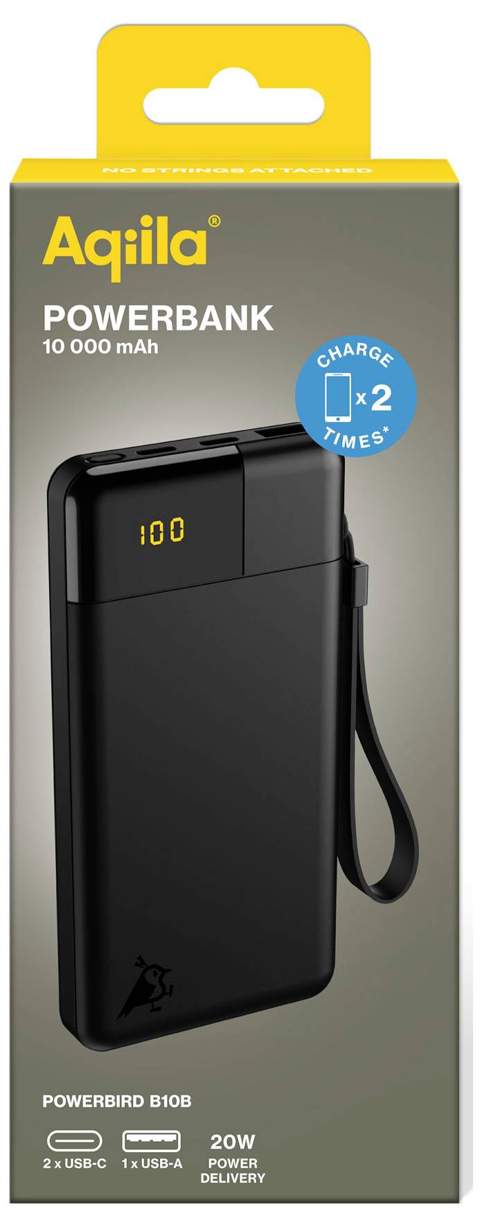 Batterie externe noire Aquila de 10 000 mAh, avec deux ports USB-C et un port USB-A, indicateur de niveau de charge, puissance de 20W.