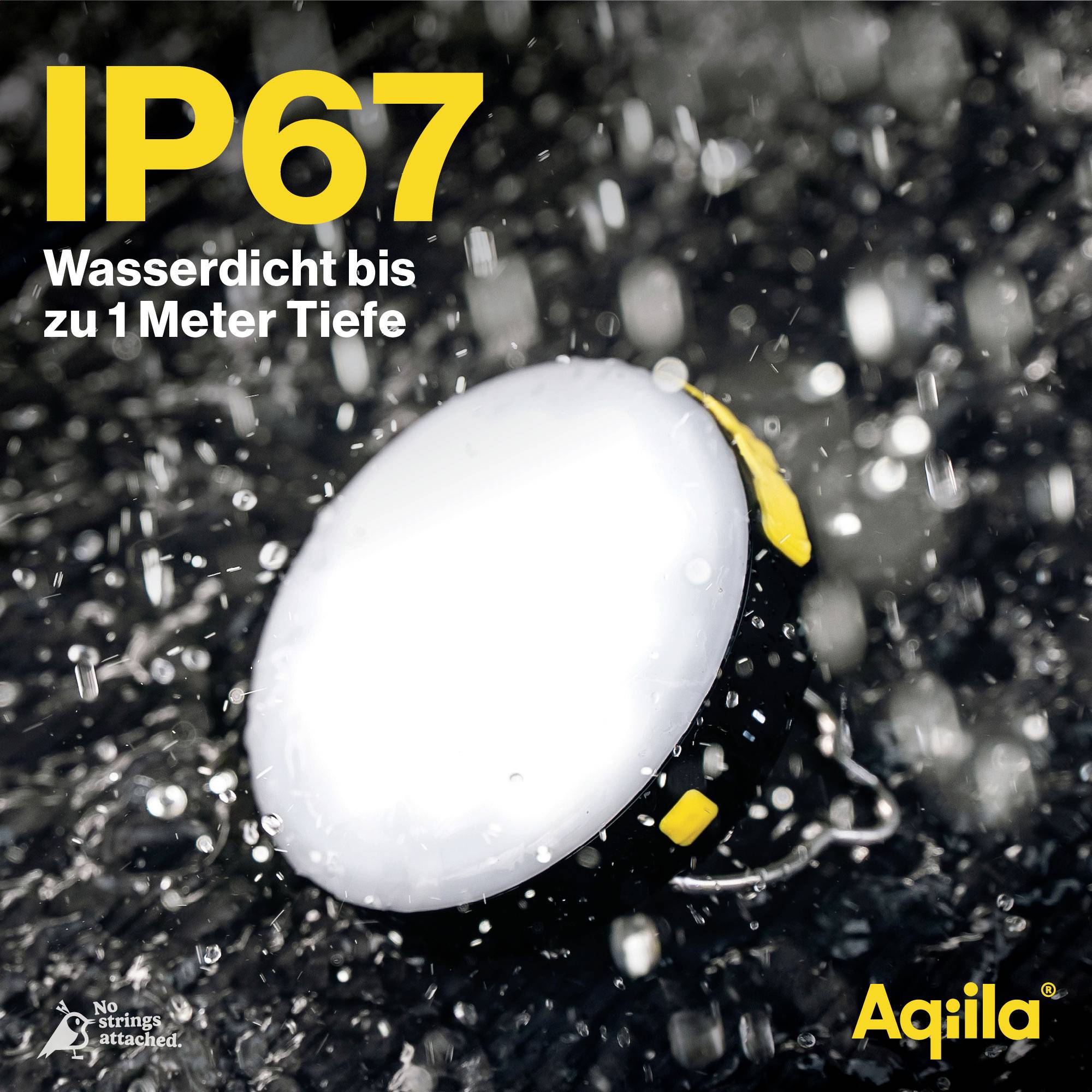Une lampe ronde blanche est submergée, éclaboussant l'eau. Le texte indique 'IP67 Étanche jusqu'à 1 mètre de profondeur'. Marque 'Aqiila'.