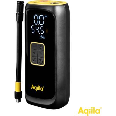 Un compresseur à air électrique portable avec affichage numérique, accent en jaune et symbole de mode vélo. Marque 'Aqila'.