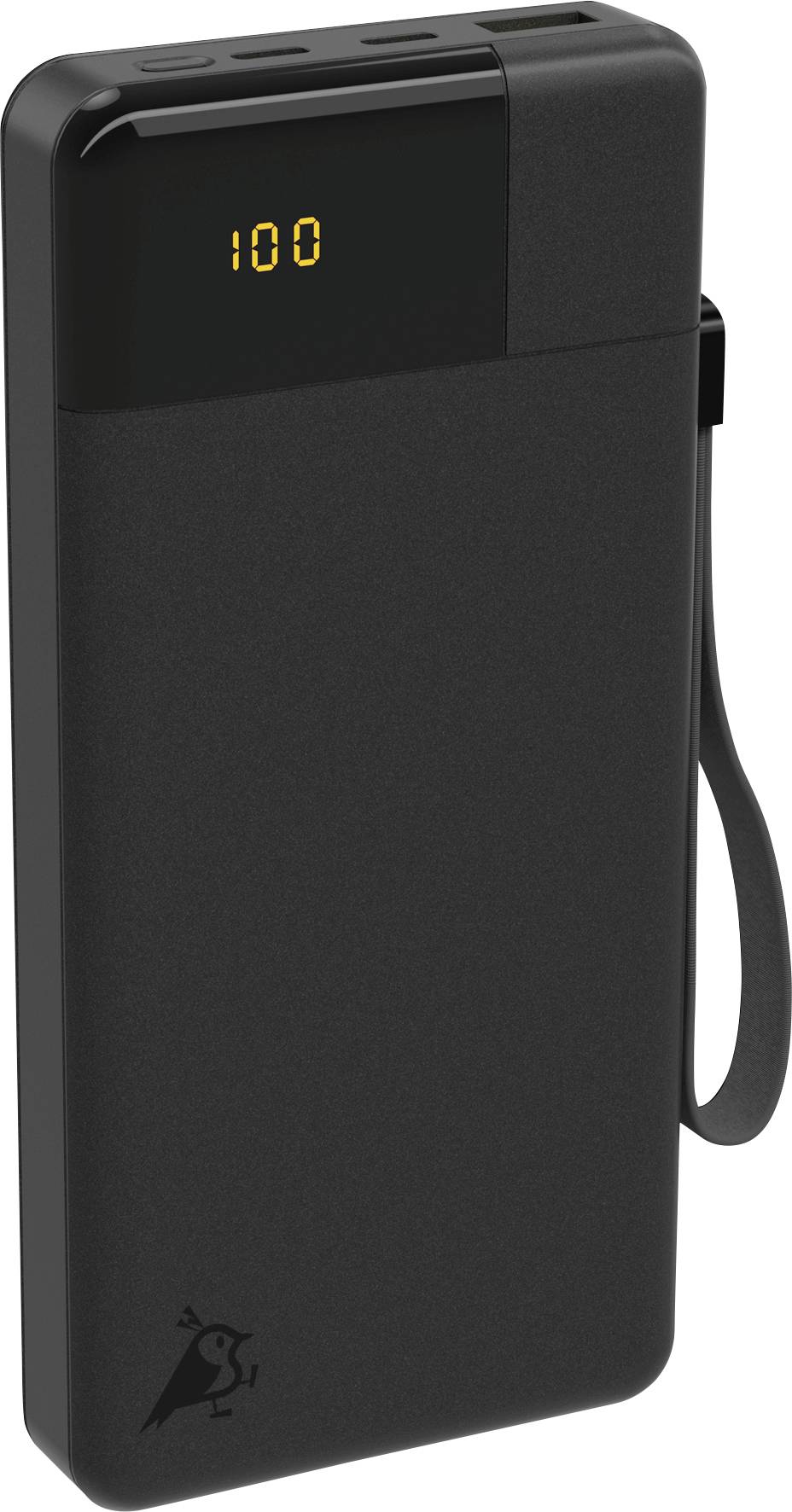 Une batterie externe noire avec un affichage numérique indiquant '100', ce qui représente le niveau de charge en pourcentage. Elle présente un design épuré avec un petit logo de pingouin.