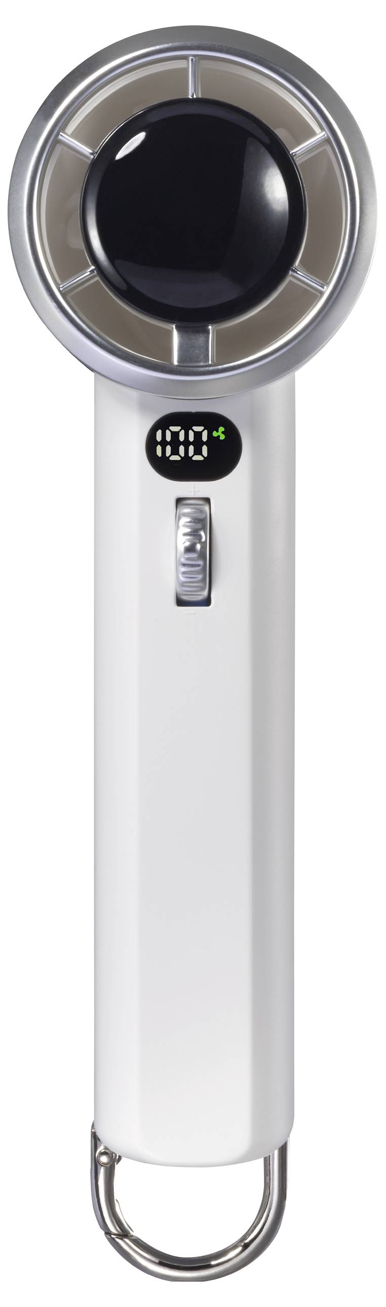 Un rasoir électrique blanc avec un affichage numérique indiquant '100'. Au-dessus se trouve une grande tête ronde avec plusieurs fentes.