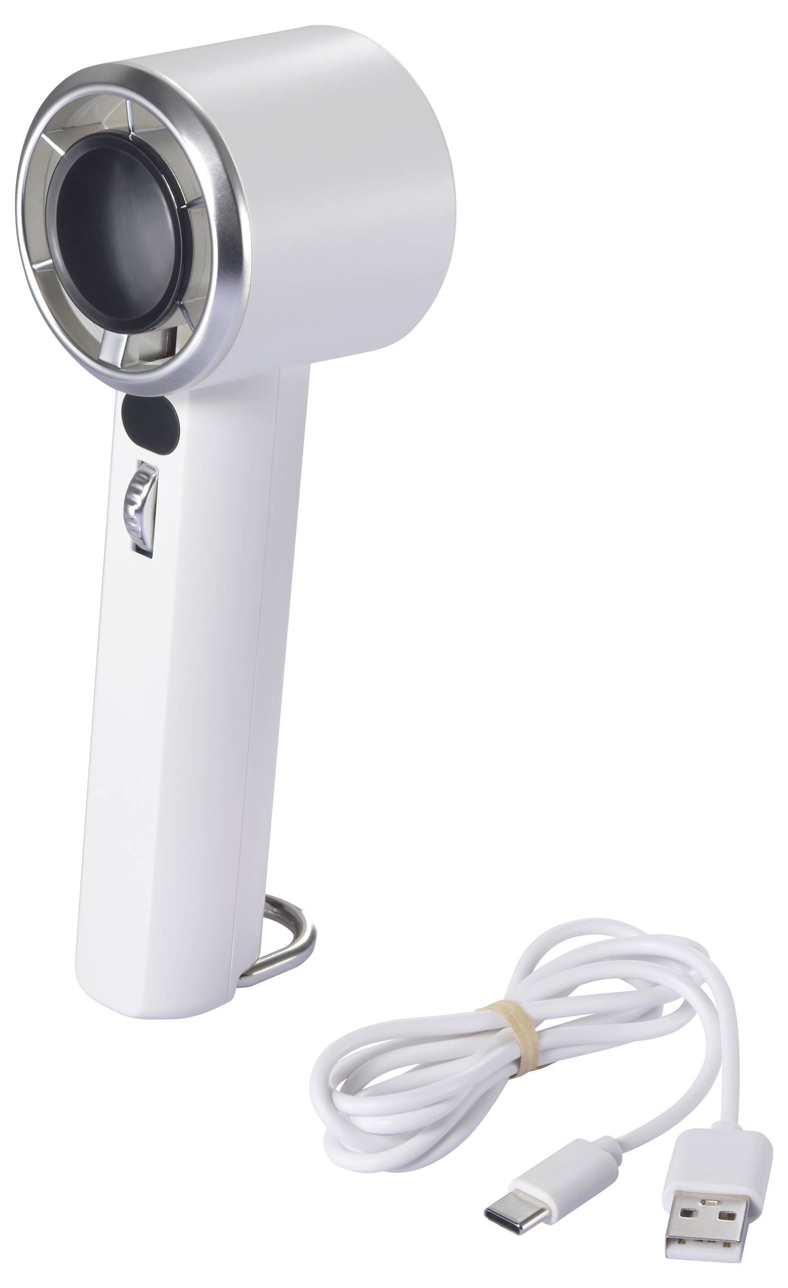 Un ventilateur de main blanc avec un câble de charge USB. Le ventilateur a un bord argenté et un bouton noir sur le côté.