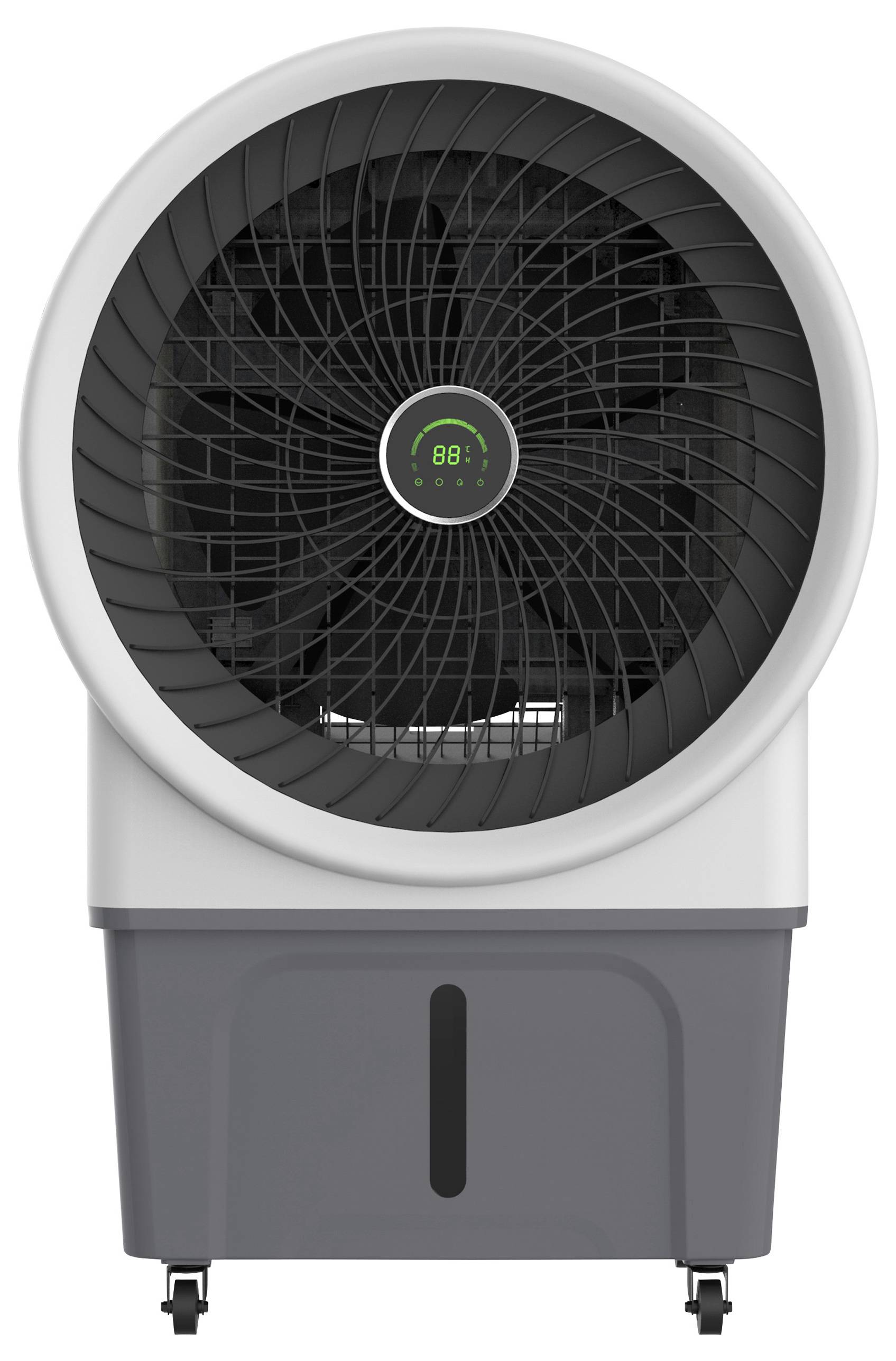 Climatiseur mobile avec affichage numérique. Un grand ventilateur central assure la circulation de l'air. Unité inférieure montée sur roulettes pour un déplacement facile.