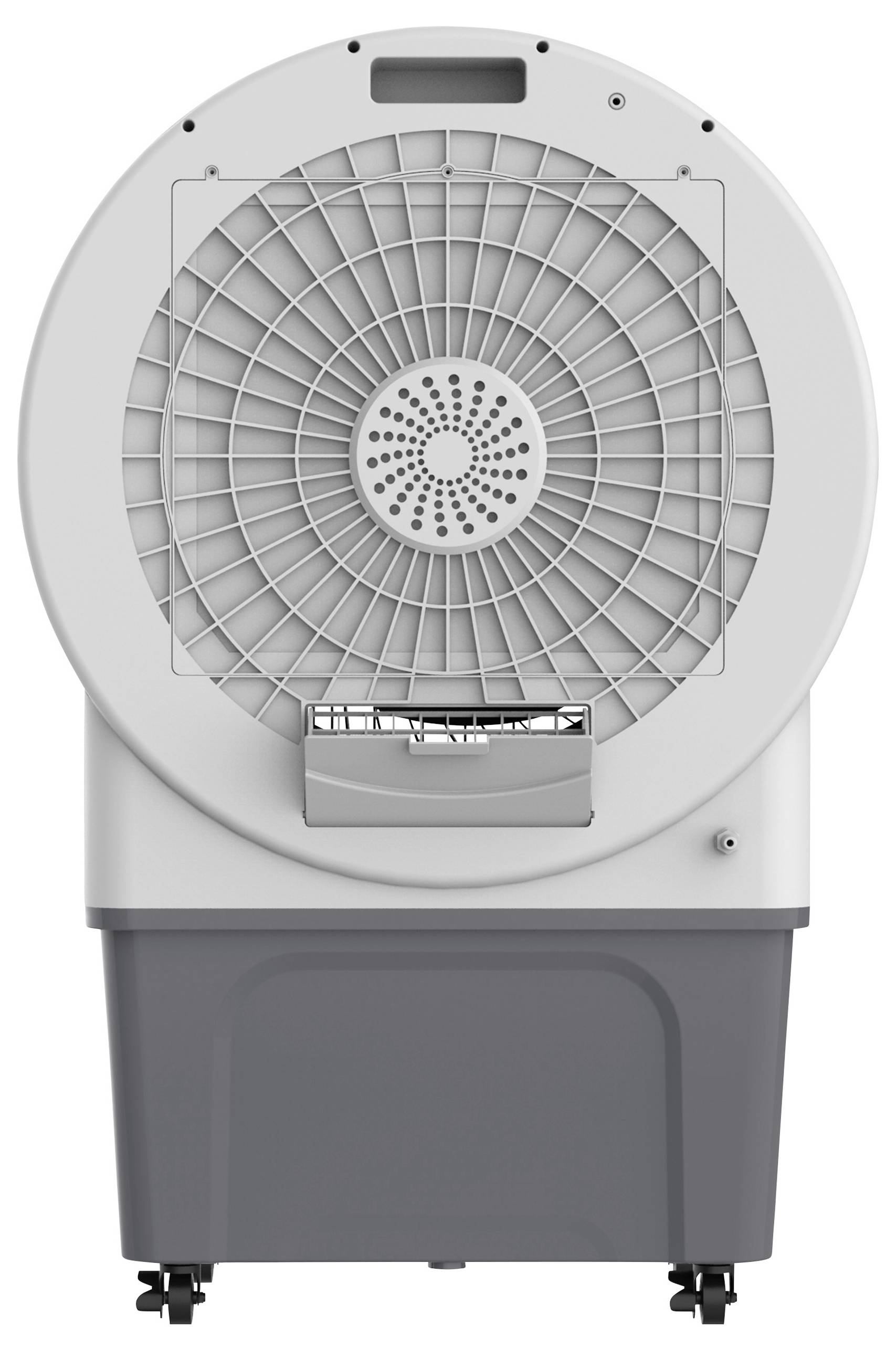 Un refroidisseur d'air circulaire gris avec un grand ventilateur en son centre. En bas, un réservoir d'eau est monté sur des roulettes.