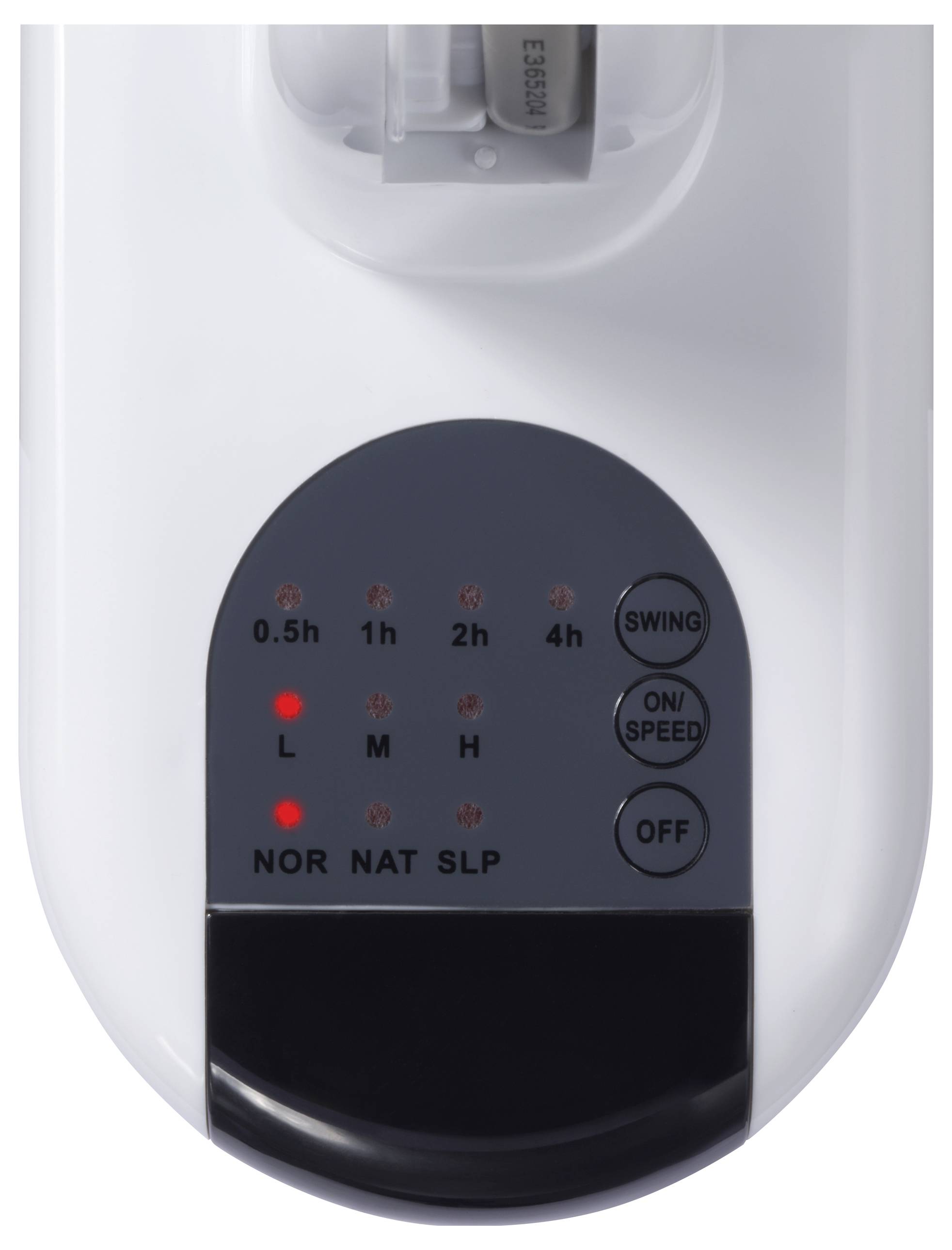 Télécommande pour ventilateur avec touches : 0,5h, 1h, 2h, 4h, Oscillation, Marche/Vitesse, L, M, H, Nor, Nat, SLP, Arrêt.