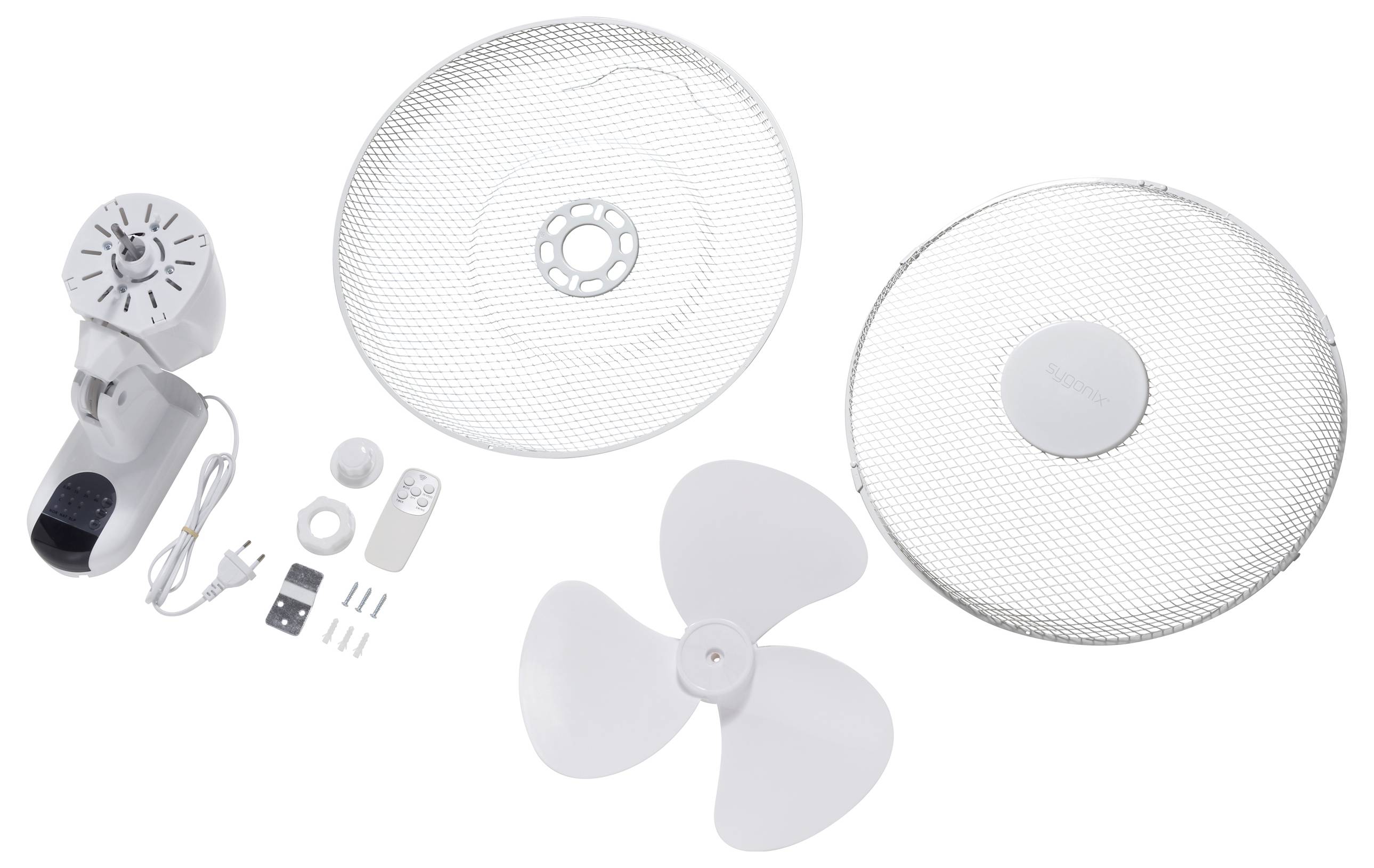 Ventilateur en pièces détachées : moteur, grilles avant et arrière, hélice, vis, accessoires de montage. Prêt à être assemblé.