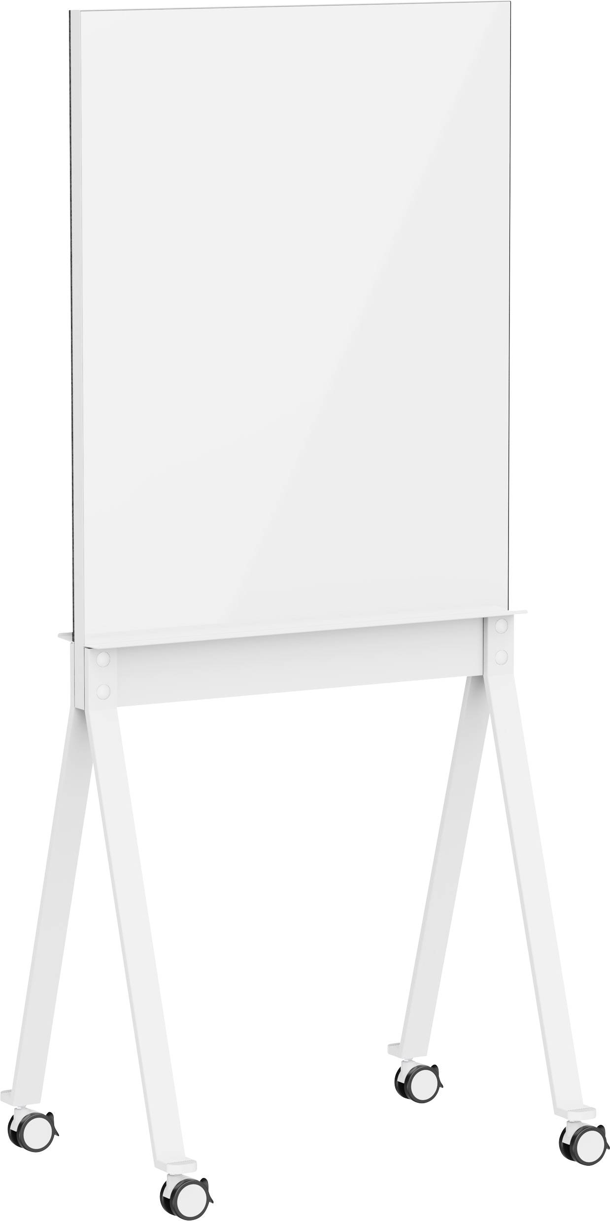 Chevalet de présentation mobile blanc, avec cadre ajustable et surface lisse et plane, idéal pour les présentations ou les réunions.