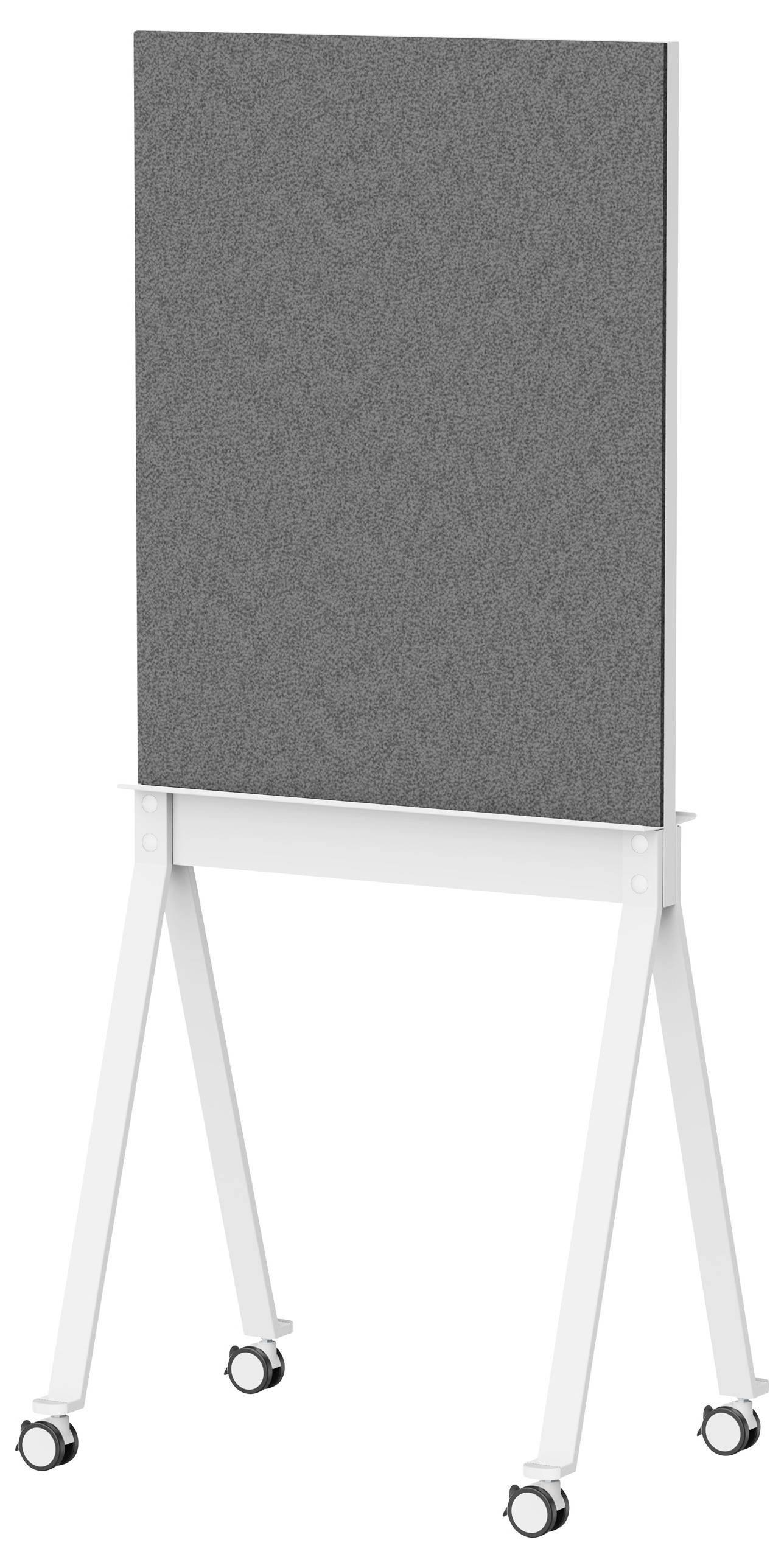 Tableau blanc mobile gris, monté sur un châssis blanc, reposant sur quatre roulettes. Idéal pour les présentations ou les bureaux nécessitant une utilisation flexible.