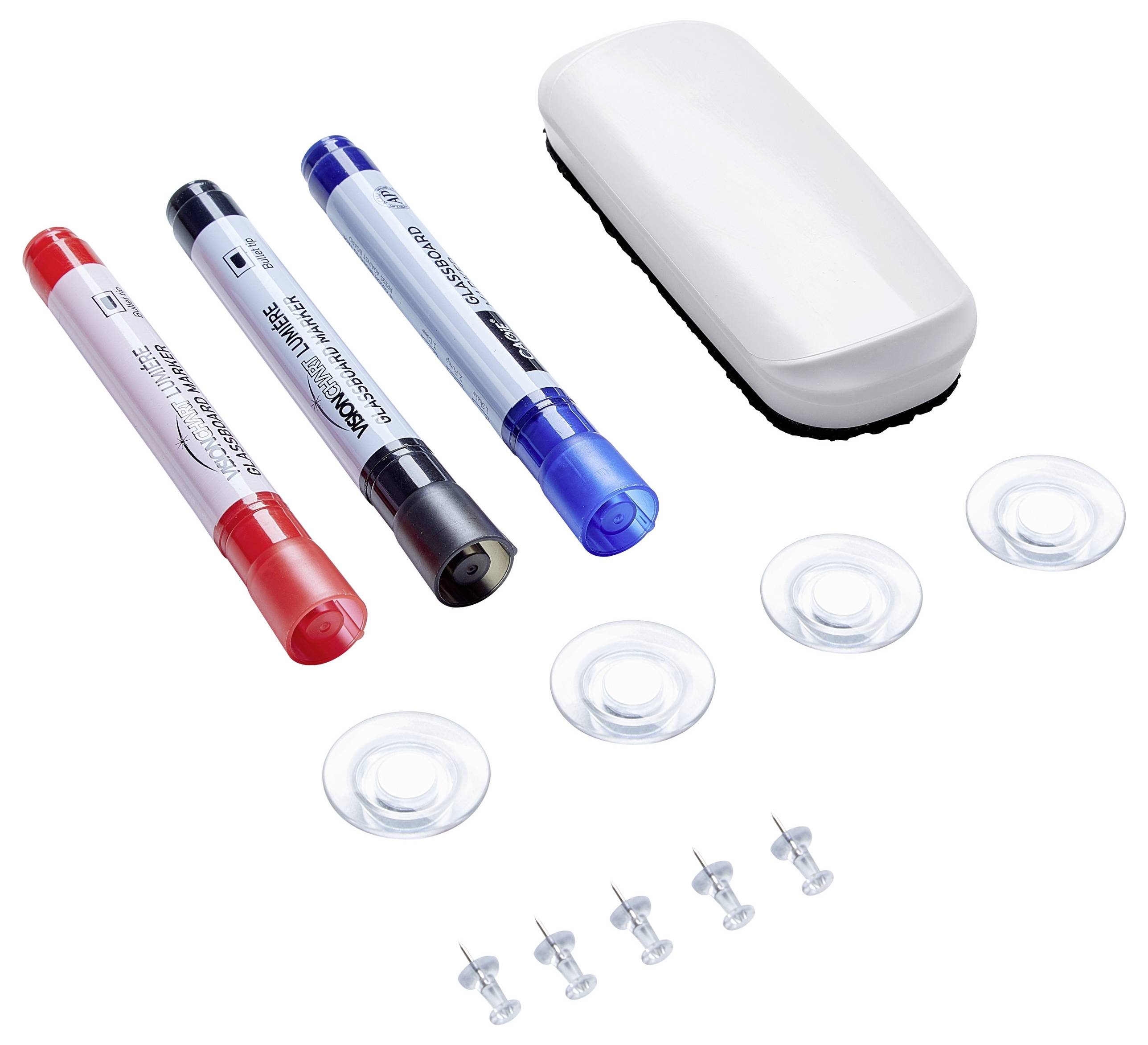 Accessoires de tableau blanc : trois stylos de couleurs (rouge, noir, bleu), une gomme, quatre ventouses, cinq punaises.