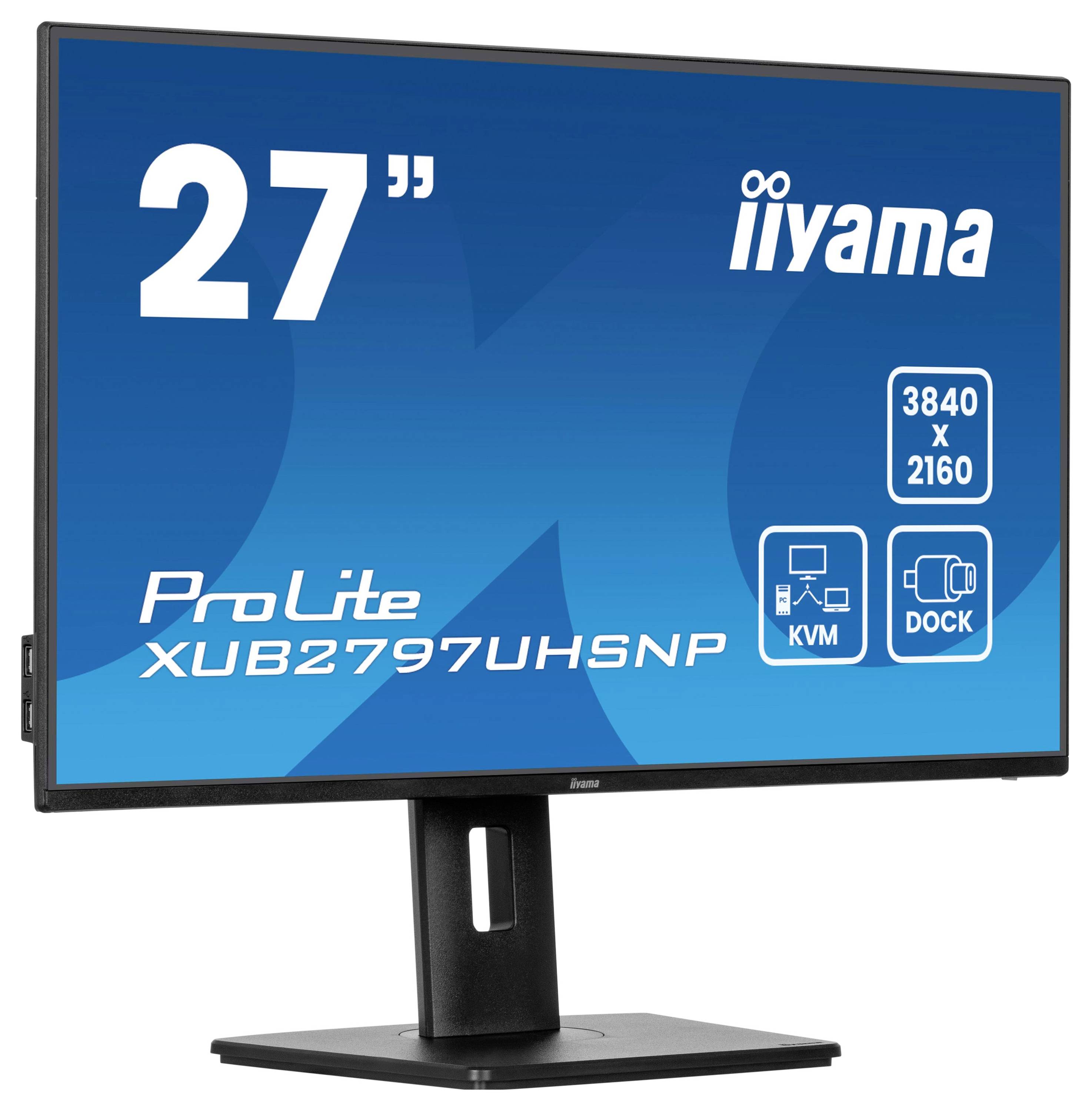 Moniteur iiyama ProLite XUB2797UHSNP de 27", résolution 3840x2160, avec fonctions KVM et station d'accueil, présenté sur son support.