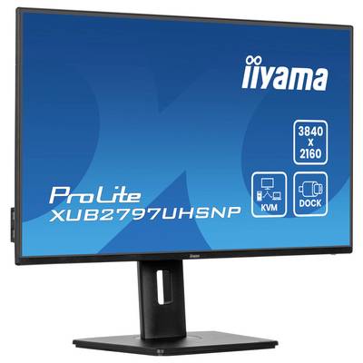 Un écran d'ordinateur affichant la marque 'iiyama' avec son modèle 'ProLite XUB2797UHSNP'. Les caractéristiques incluent une résolution de 3840 x 2160, un commutateur KVM et un système d'accueil.