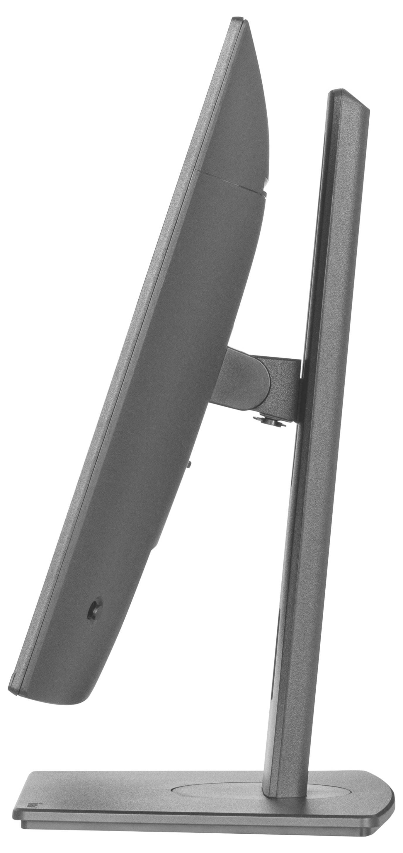 Un écran d'ordinateur élégant et moderne vu de profil, révélant sa fine silhouette et son design de support sur un fond blanc uni.