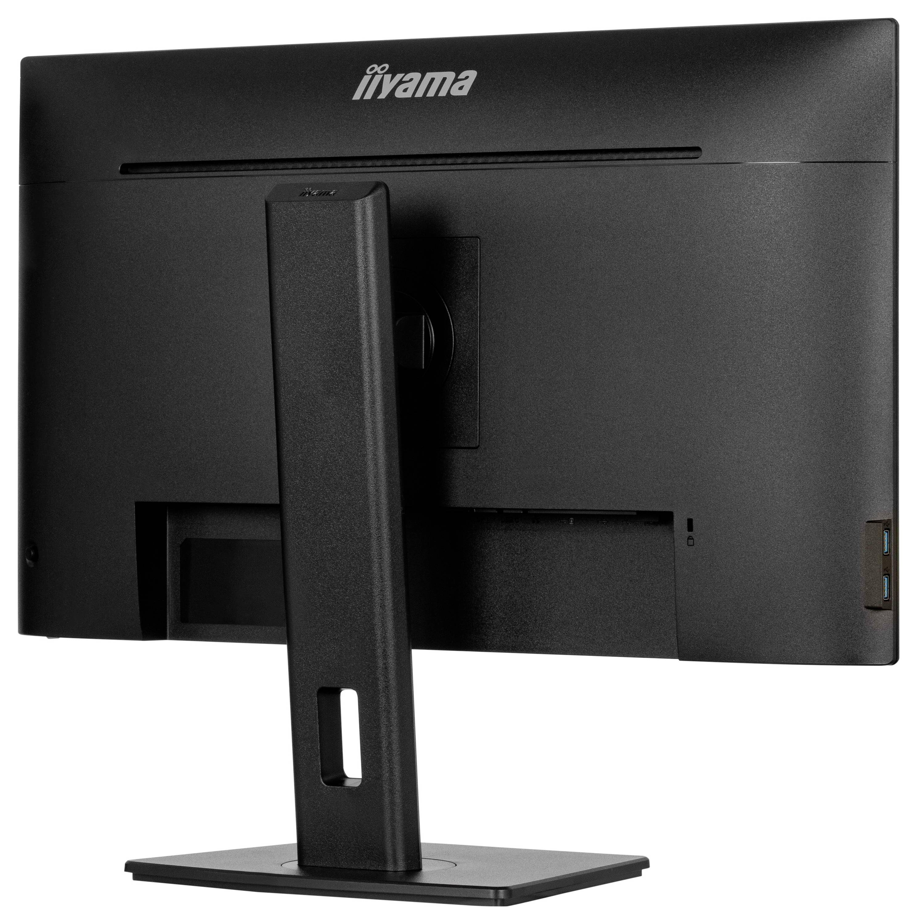 Vue arrière d'un moniteur iiyama noir montrant le support et les ports sur le côté.
