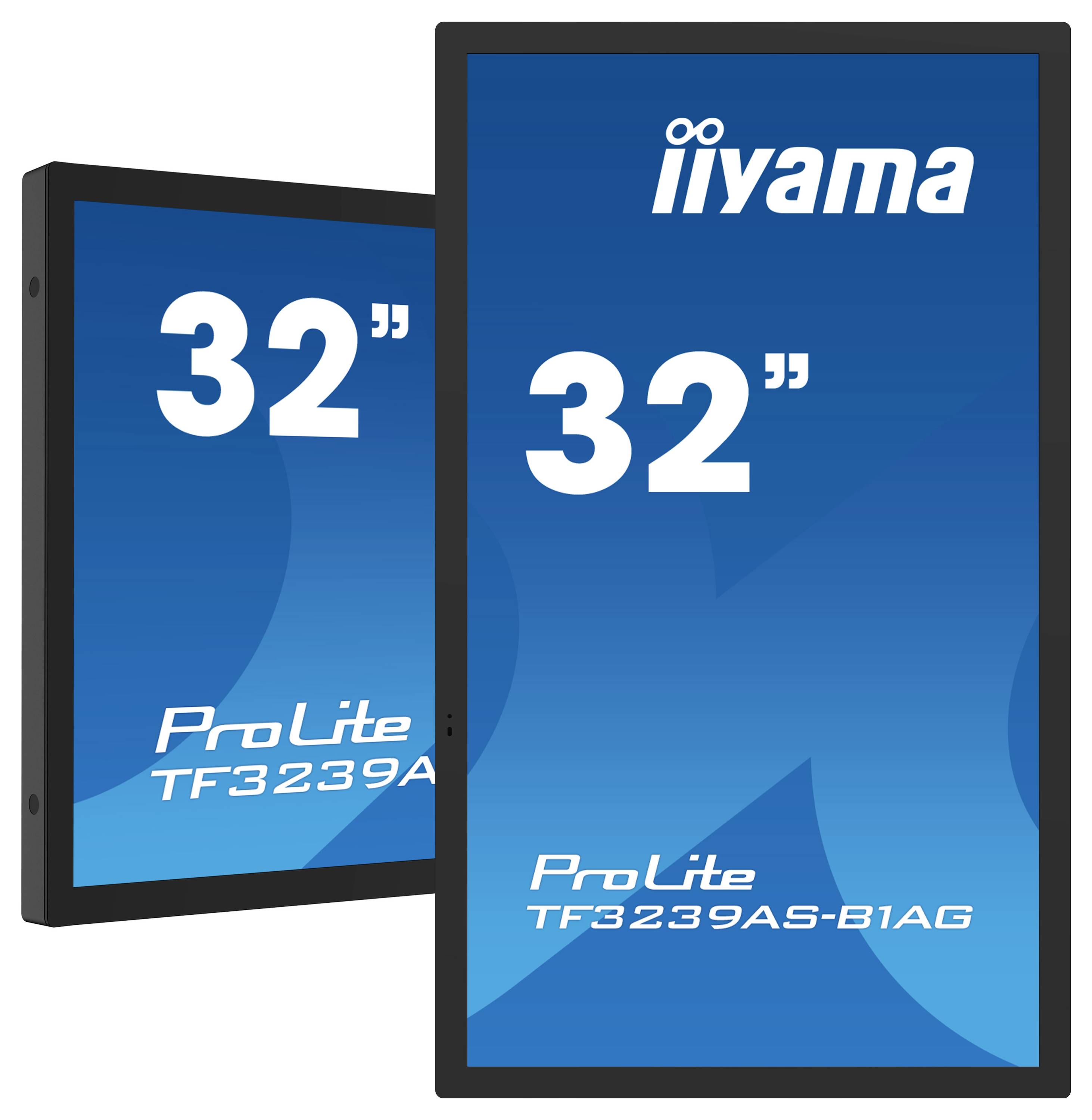 L'écran Iiyama ProLite TF3239AS-B1AG de 32 pouces présenté en orientation paysage et portrait sur un fond bleu.