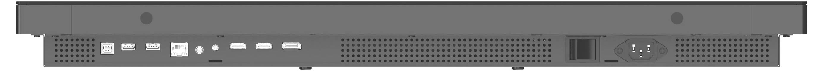Vue arrière d'un périphérique électronique montrant plusieurs ports, dont HDMI, USB, Ethernet, audio et entrée d'alimentation.