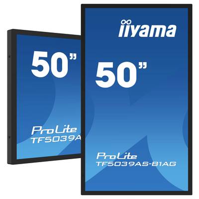 Deux écrans rectangulaires 'iiyama ProLite TF5039AS-B1AG' de 50 pouces affichés côte à côte avec des écrans bleus présentant les détails du modèle.