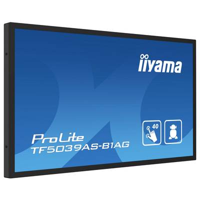 Un moniteur tactile bleu avec l'écran affichant le texte 'iiyama ProLite TF5039AS-B1AG', montrant des icônes indiquant les fonctionnalités tactile et de robustesse.