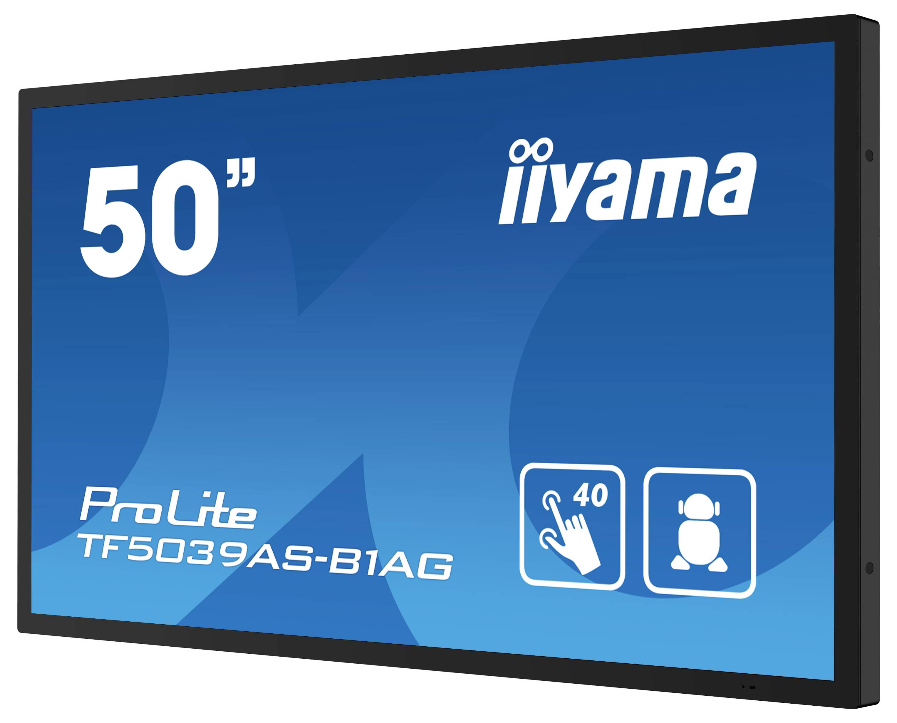 Écran tactile Iiyama 50" ProLite TF5039AS-B1AG avec 40 points de contact, présentant un fond bleu avec le logo de la marque.
