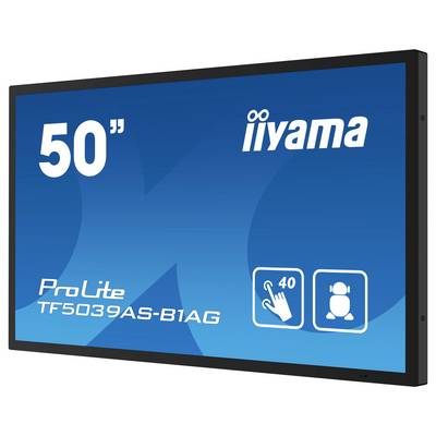 Écran tactile Iiyama 50" ProLite TF5039AS-B1AG avec 40 points de contact, présentant un fond bleu avec le logo de la marque.