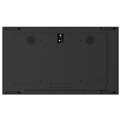 Objet rectangulaire plat noir avec deux évents circulaires et une petite étiquette portant des symboles de flèches, probablement l'arrière d'un écran ou d'un moniteur.