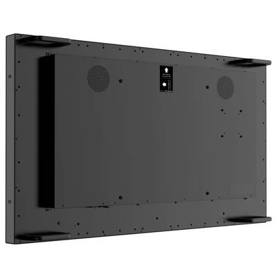 L'image montre la face arrière d'un téléviseur ou d'un écran plat noir avec des supports de montage visibles et des évents de haut-parleurs.