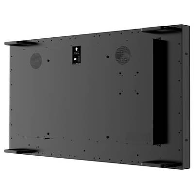 « Vue arrière d'un écran plat noir montrant des grilles d'enceintes, des trous de montage et des flèches indiquant l'orientation correcte pour l'installation. »