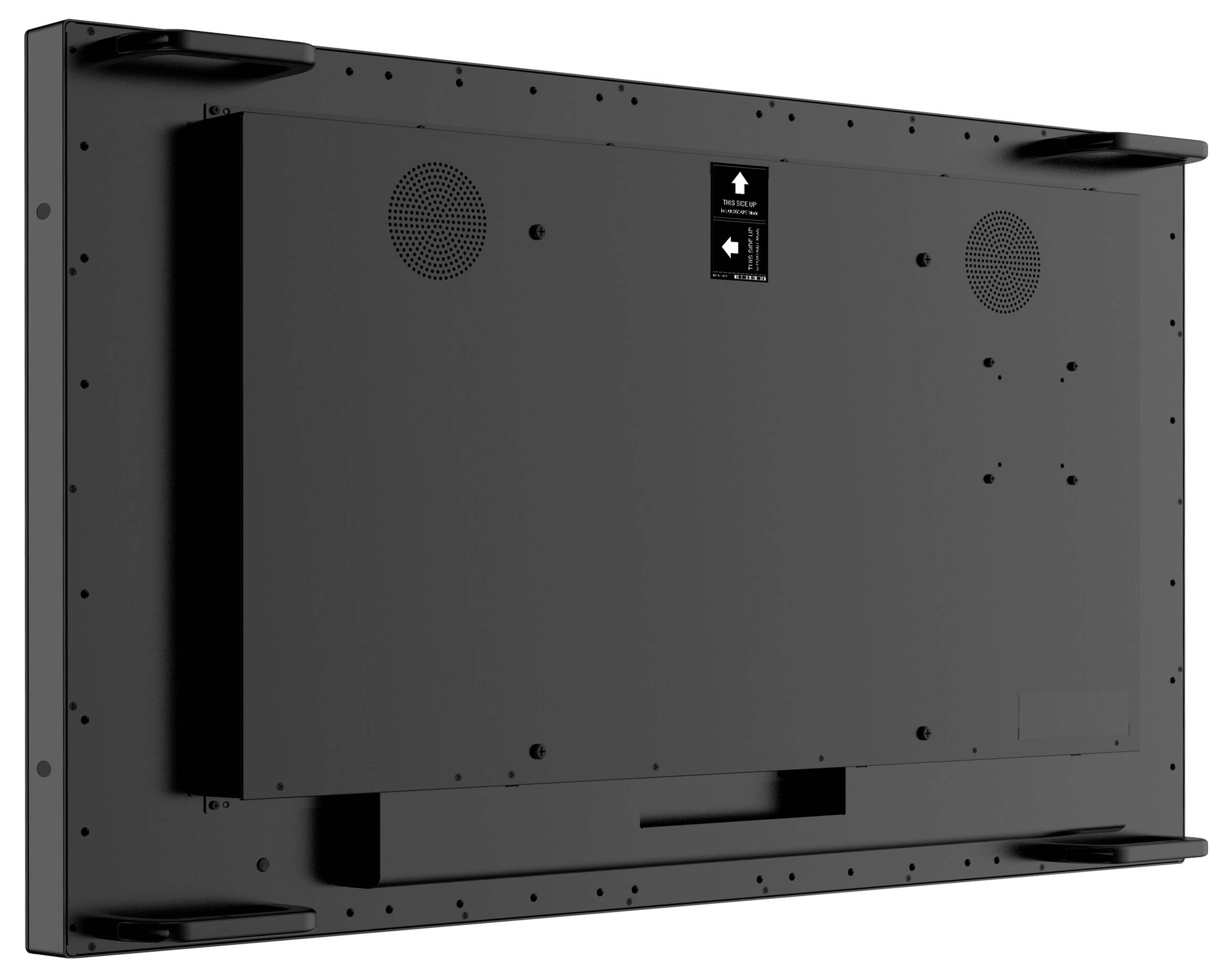 Vue arrière d'un grand téléviseur ou moniteur à écran plat, montrant des supports de fixation, des évents et des ports, indiquant une configuration d'installation.