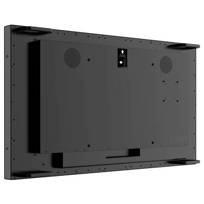 Vue arrière d'un grand téléviseur ou moniteur à écran plat, montrant des supports de fixation, des évents et des ports, indiquant une configuration d'installation.