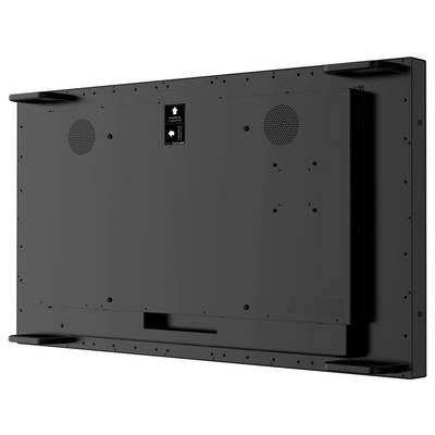 L'image montre la vue arrière d'un grand téléviseur à écran plat noir, avec deux grilles de haut-parleurs circulaires et des supports de montage aux coins.