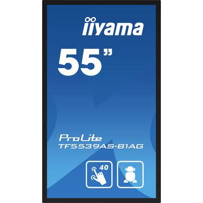 Écran 'Iiyama ProLite TF5539AS-B1AG', affichage de 55 pouces avec 40 points de contact, représenté par un pavé tactile et des icônes utilisateur.